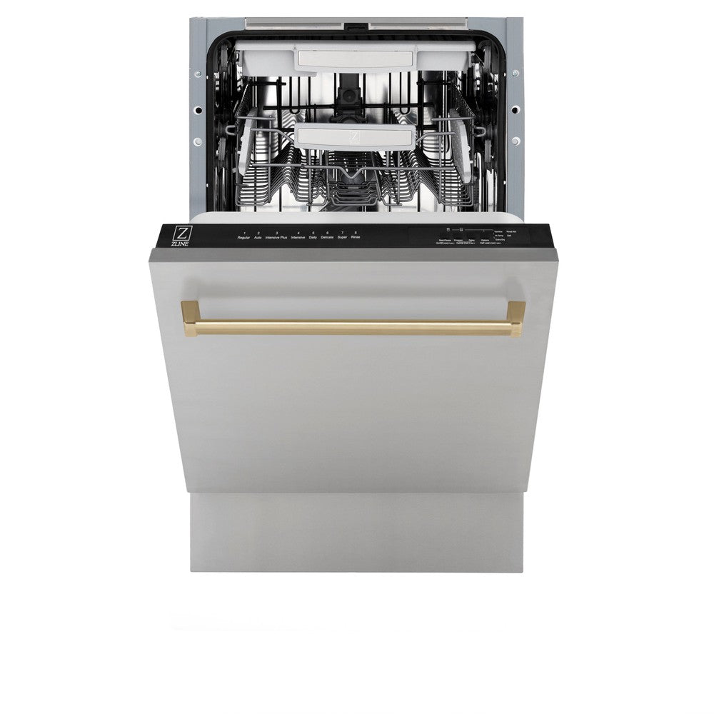 ZLINE Autograph Edition 18-inch Compact Dishwasher with 3rd Rack - Stainless Steel & Champagne Bronze Handle, Ultra Quiet 51dBa (DWVZ 304 18 CB) - Perfect for Small Kitchens, Apartments, and RV Living