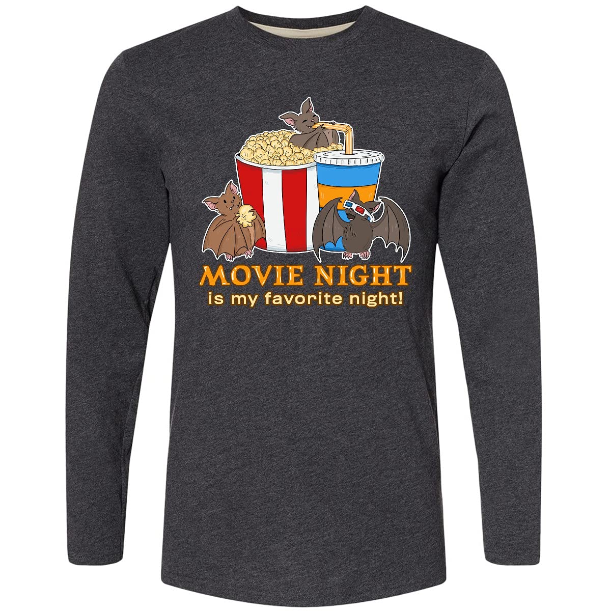 Inktastic Movie Night is My Favorite Night Bats with Popcorn Long Sleeve T-Shirt | Comfortable Cotton Tee for Movie Lovers, Film Enthusiasts & Casual Wear