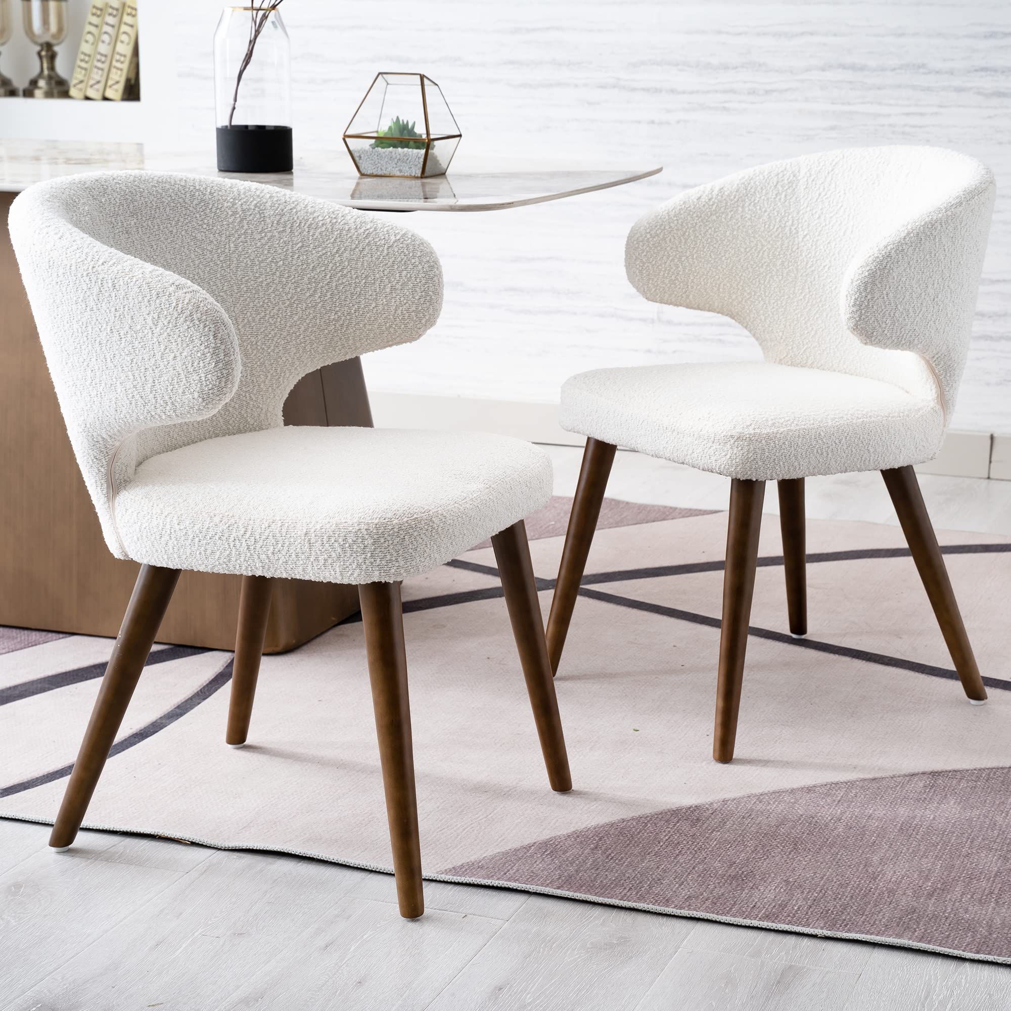 Mid Century Modern Sherpa Boucle Dining Chairs Set of 2 - Upholstered Curved Wingback Accent Arm Chairs with Solid Wood Legs in White | Perfect for Dining Room, Living Room & Home Office Decor