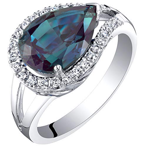 4.02 Carats Lab-Created Alexandrite & Lab-Grown Diamond Ring in 14K White Gold | Color-Changing Pear Shape June Birthstone Jewelry | Perfect for Engagement, Anniversary & Special Occasions | Includes Gift Box