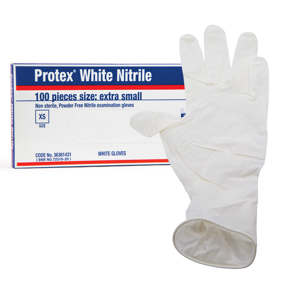 Protex Nitrile White Gloves Powder-Free & Latex-Free - Disposable Protective Gloves for Medical, Food Handling & Cleaning