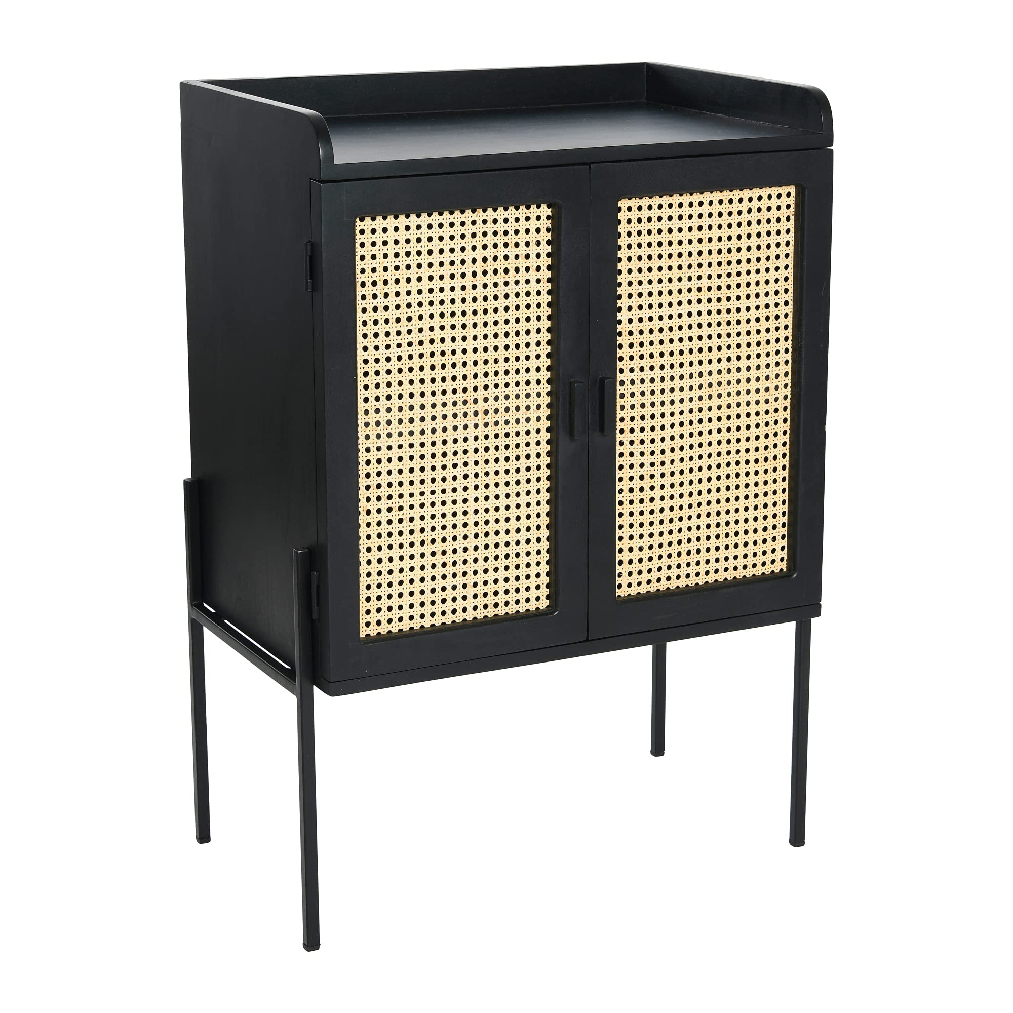 Creative Co-Op Metal & Mango Wood Bar Cabinet with Woven Cane Details - Black Finish for Living Room, Dining Room, or Home Bar Decor