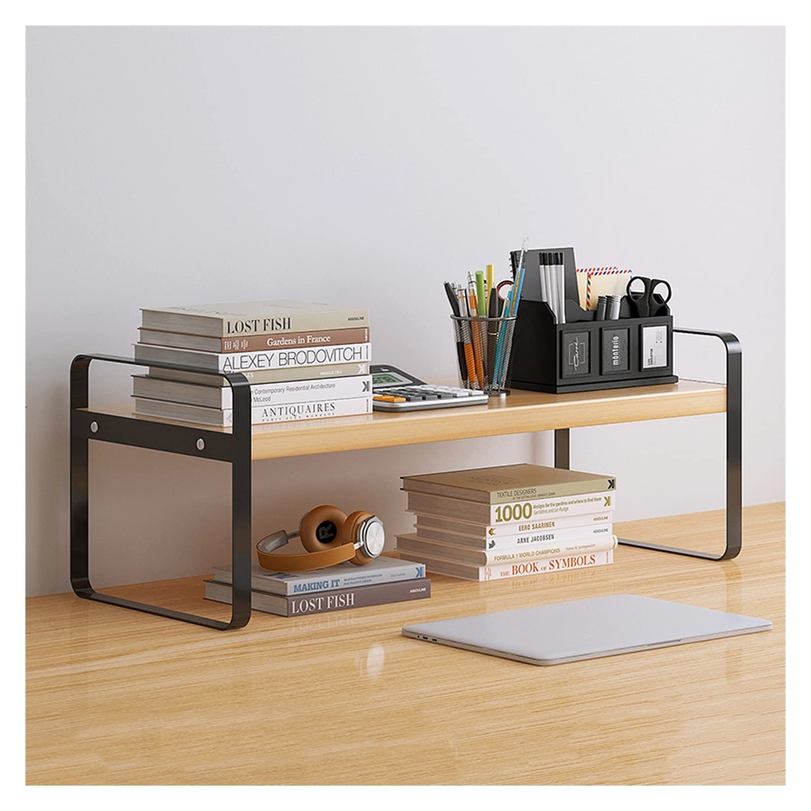 Small Simple Iron Art Desktop Bookshelf - Office Storage Rack & Organizer for Books, Supplies (40x20x18cm, Black) | Perfect for Home Office, Study Room & Workspace Organization