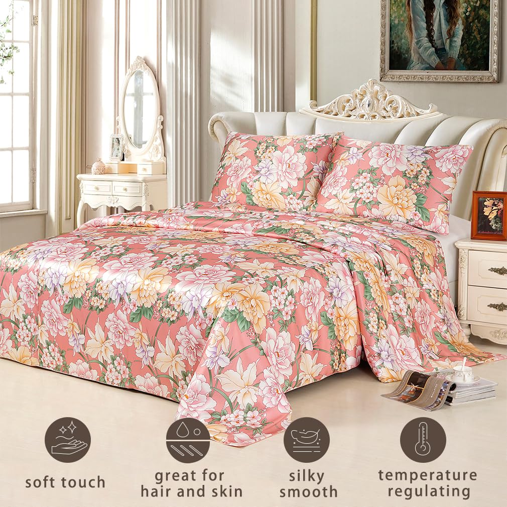 Maxfeel 100% Mulberry Silk Duvet Cover Set - Queen/King Size Floral Print Charmuse Silk Bedding | Luxury Soft Comforter Cover for Master Bedroom & Guest Room Decor