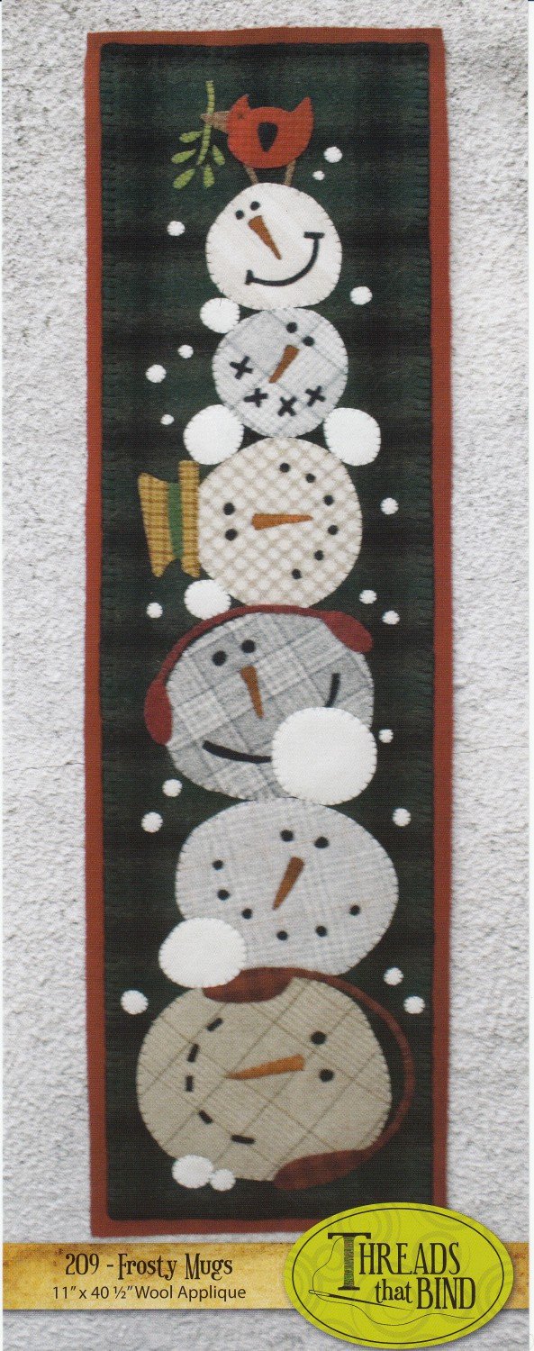 Frosty Mugs 209 Snowmen Snow Cardinal Wool Applique Pattern - Perfect for Winter Quilting, Home Decor, and Holiday Crafting