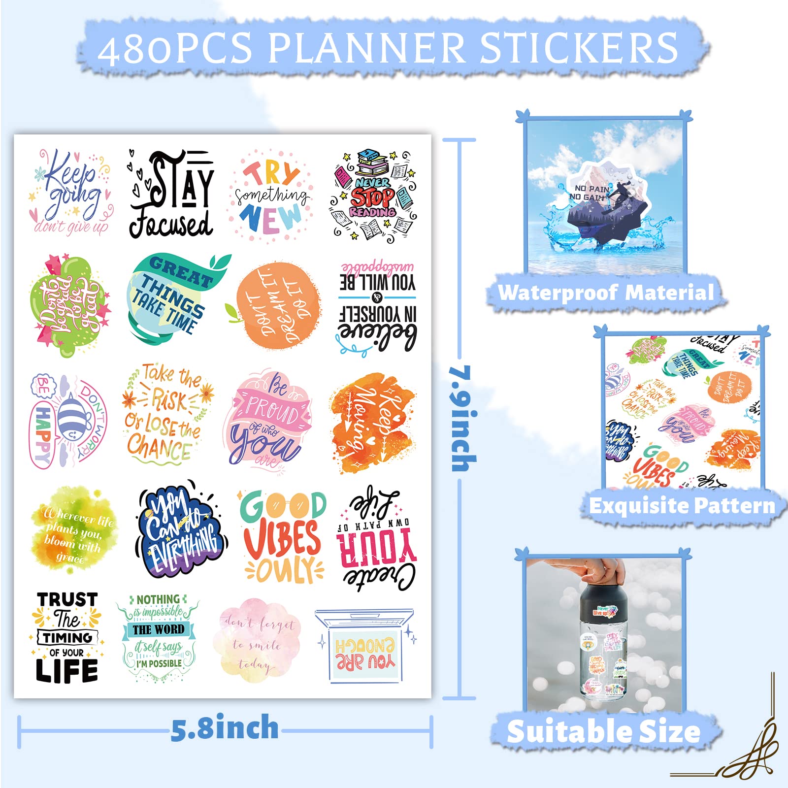 480pcs Motivational Stickers for Planners - Positive Calendar Stickers with Inspirational Words for Adults, Teens & Kids - Perfect for Water Bottles, Diaries, Albums, Letters & School Projects - Self-Care & Goal Tracking Stickers for Daily Encouragement
