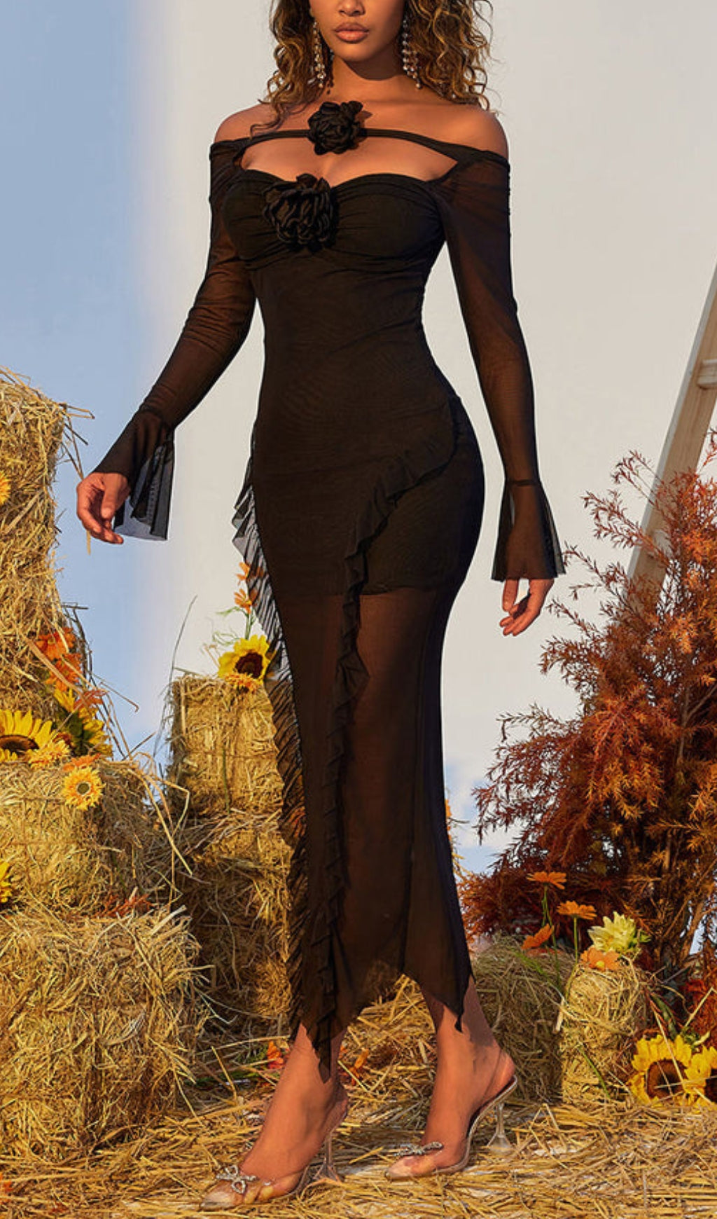 Elegant Floral Ruffle Mesh Dress for Women - Perfect for Weddings, Parties & Special Occasions