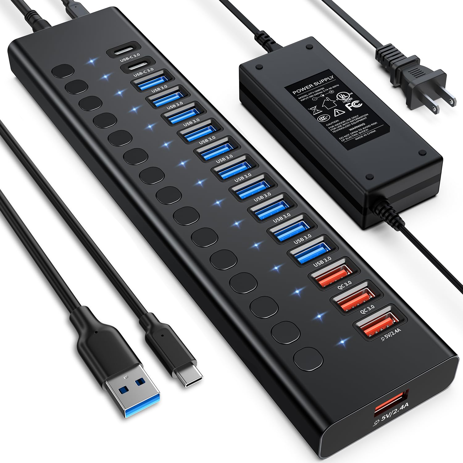 16-Port Powered USB 3.0 Hub with Smart Charging - 10 USB 3.0 Ports + 2 QC 3.0 + 2 Smart Charging + 2 USB-C Ports - Individual On/Off Switches - 90W UL Certified Power Adapter for MacBook, Laptop, PC, Desktop - Perfect for Home Office, Gaming Setup & Multi-Device Charging Station