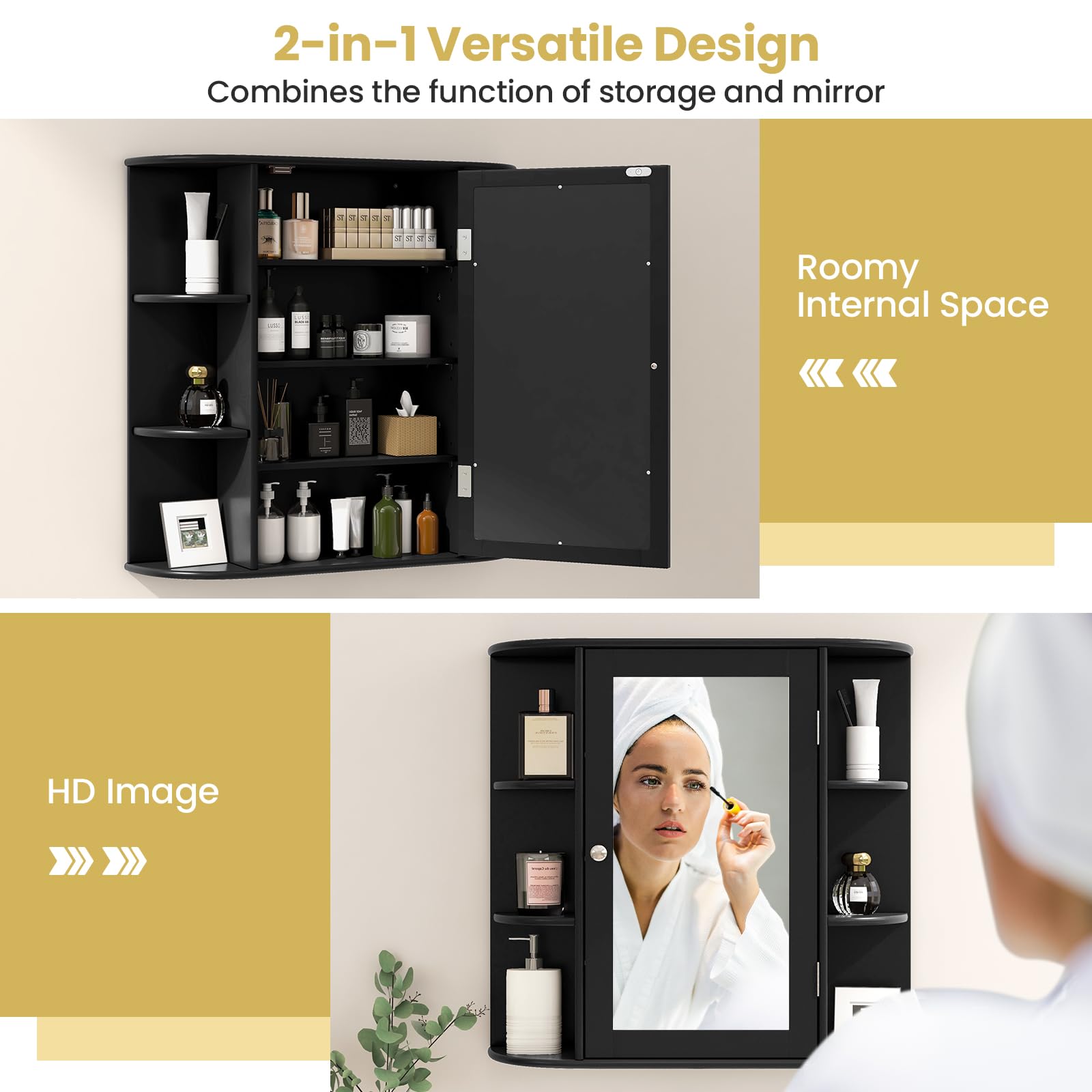 Tangkula Black Wall Mounted Bathroom Medicine Cabinet with Mirror - Adjustable Shelves, 6 Open Storage & Door - Space Saving Bathroom Organizer for Toiletries, Cosmetics & Essentials | Perfect for Small Bathrooms, Vanities & Home Decor