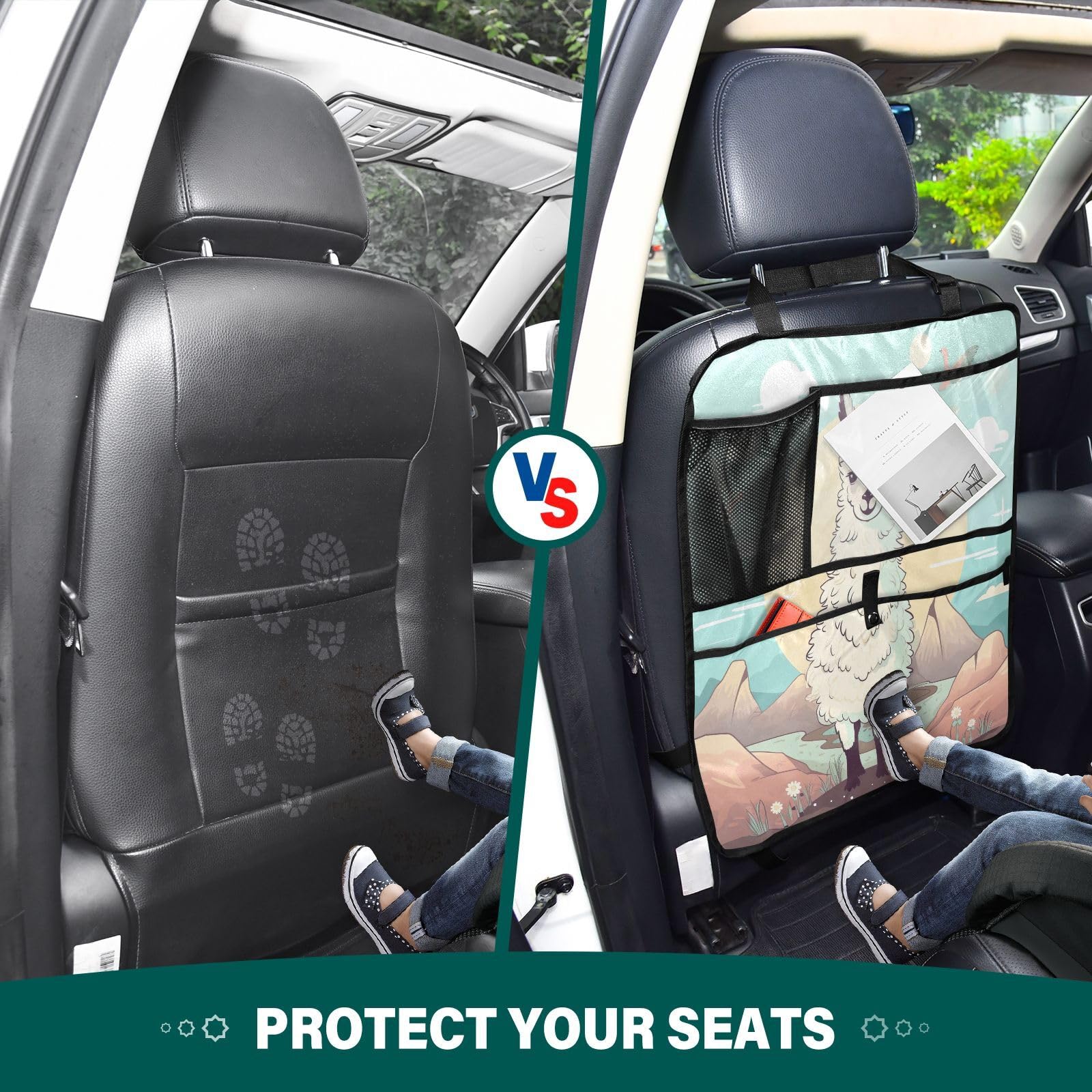 Alpacas Car Seat Protector with Storage Pockets - Waterproof Back Seat Cover & Kick Mats for Cars, SUVs, Trucks - Perfect for Kids, Pets & Travel Organization