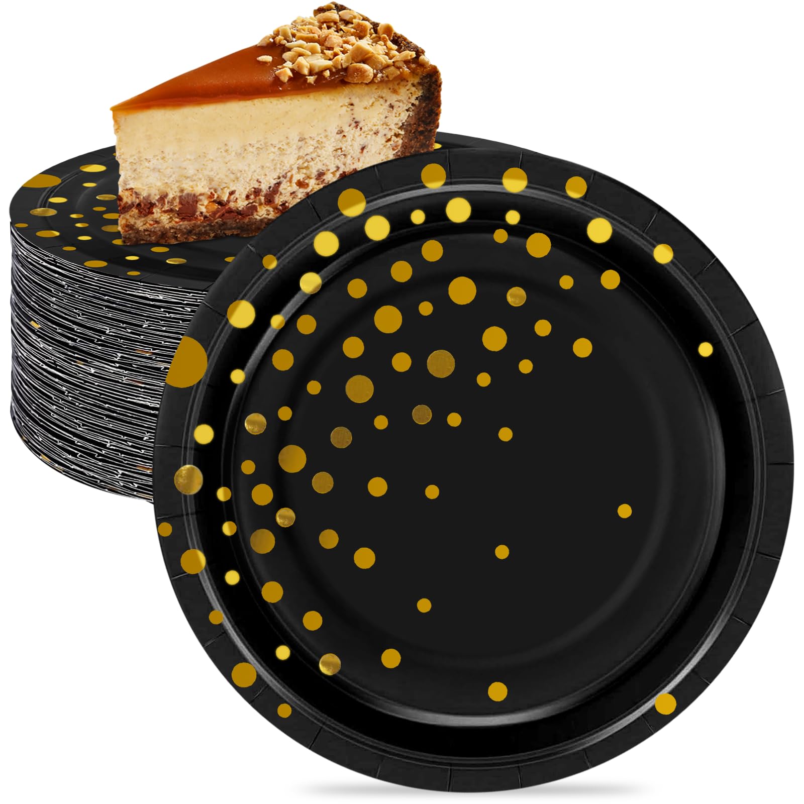 Black and Gold Disposable Paper Dessert Plates 7 Inch (50-Pack) - Elegant Gold Dot Cake Plates for Parties, Halloween, Birthdays & Special Events - Perfect for Desserts, Snacks & Beautiful Party Decorations