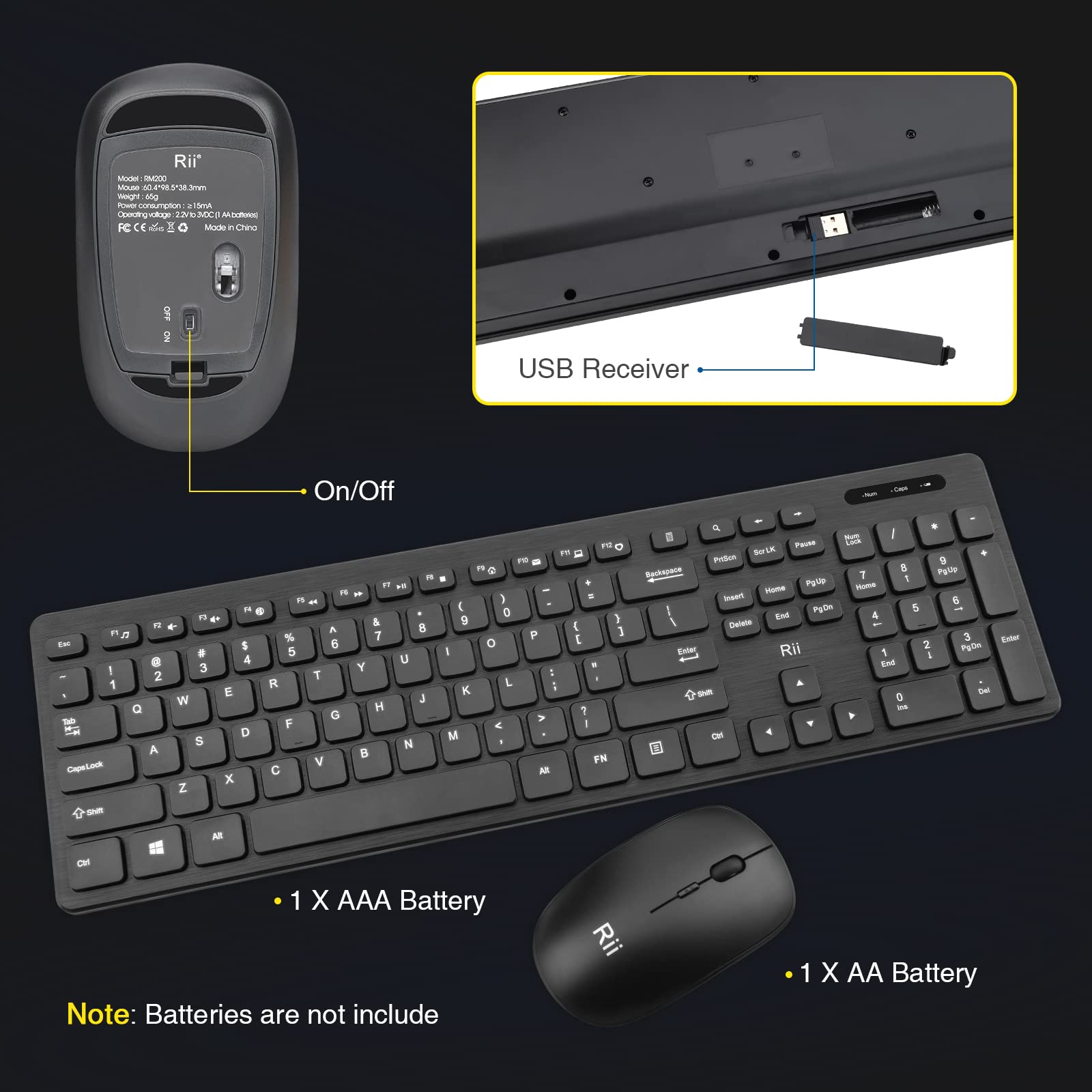(10 Pack) Wireless Keyboard and Mouse Combo - Rii Standard Office PC Keyboard and Optical Wireless Mice for Windows/Android TV/PC/Laptop/PS3/PS4 - Perfect for Home Office, Gaming & Smart TV Use