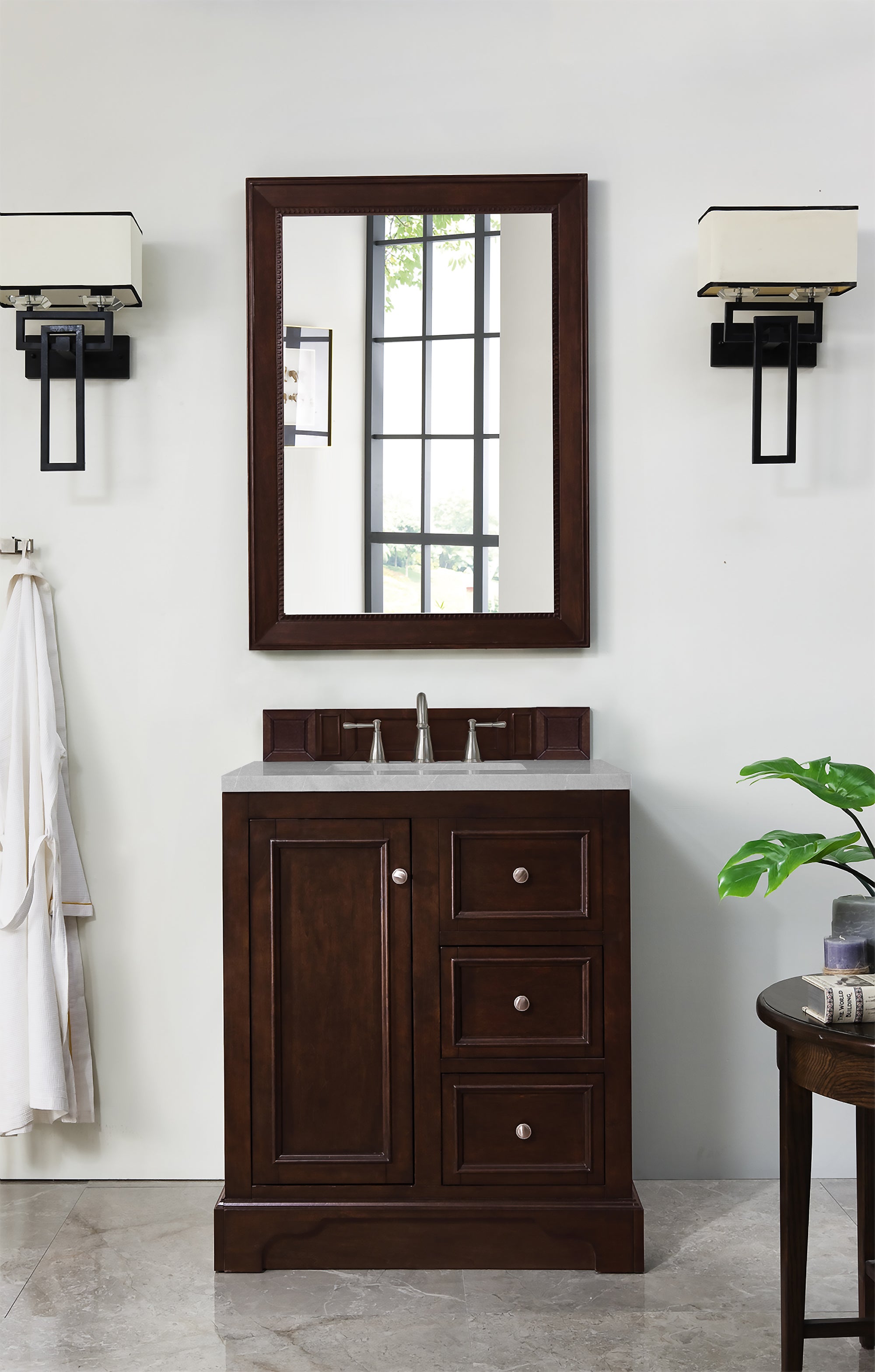 De Soto 30 Inch Single Bathroom Vanity with Burnished Mahogany Finish & 3CM Eternal Serena Quartz Countertop - Perfect for Modern Bathroom Renovations and Small Space Solutions