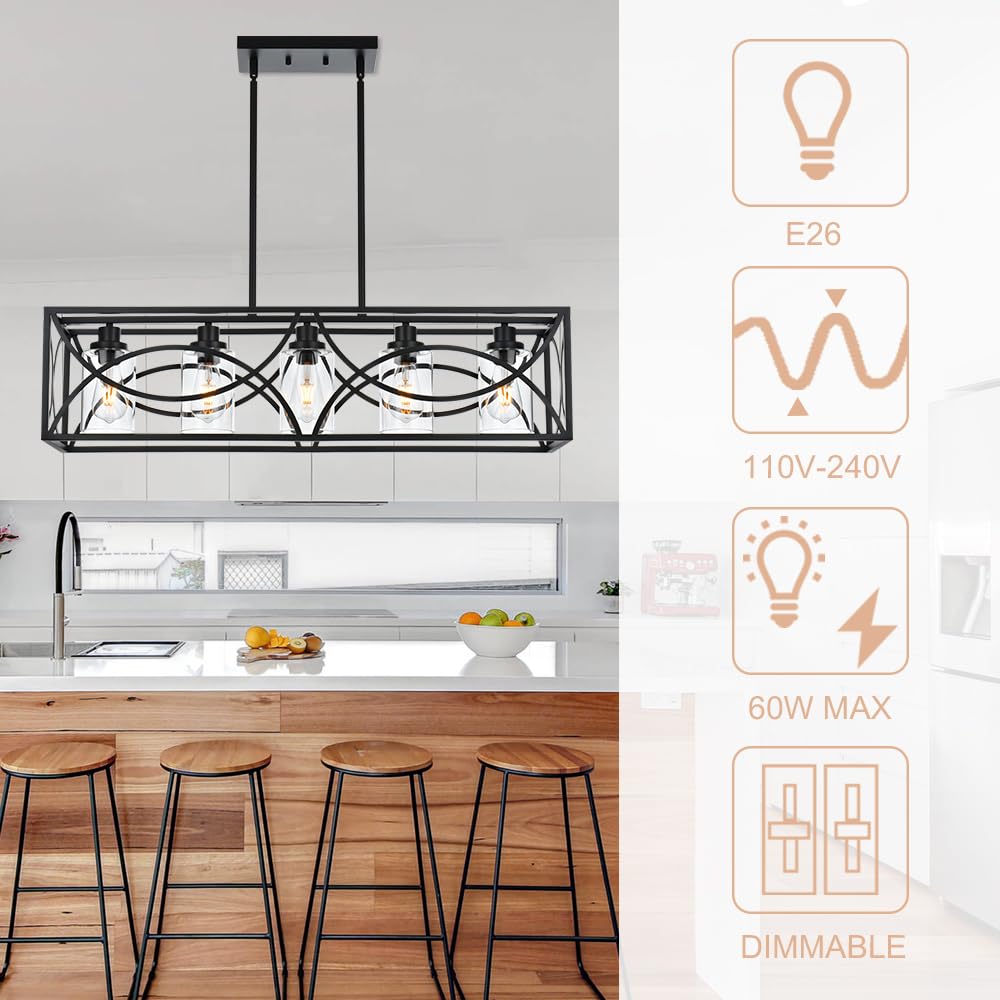 Farmhouse Black Kitchen Island Lighting - 5-Light Rectangular Chandelier with Clear Glass Shades, Linear Pendant Light Fixture for Dining Room, Pool Table, Living Room - Perfect for Rustic Home Decor & Modern Farmhouse Interiors