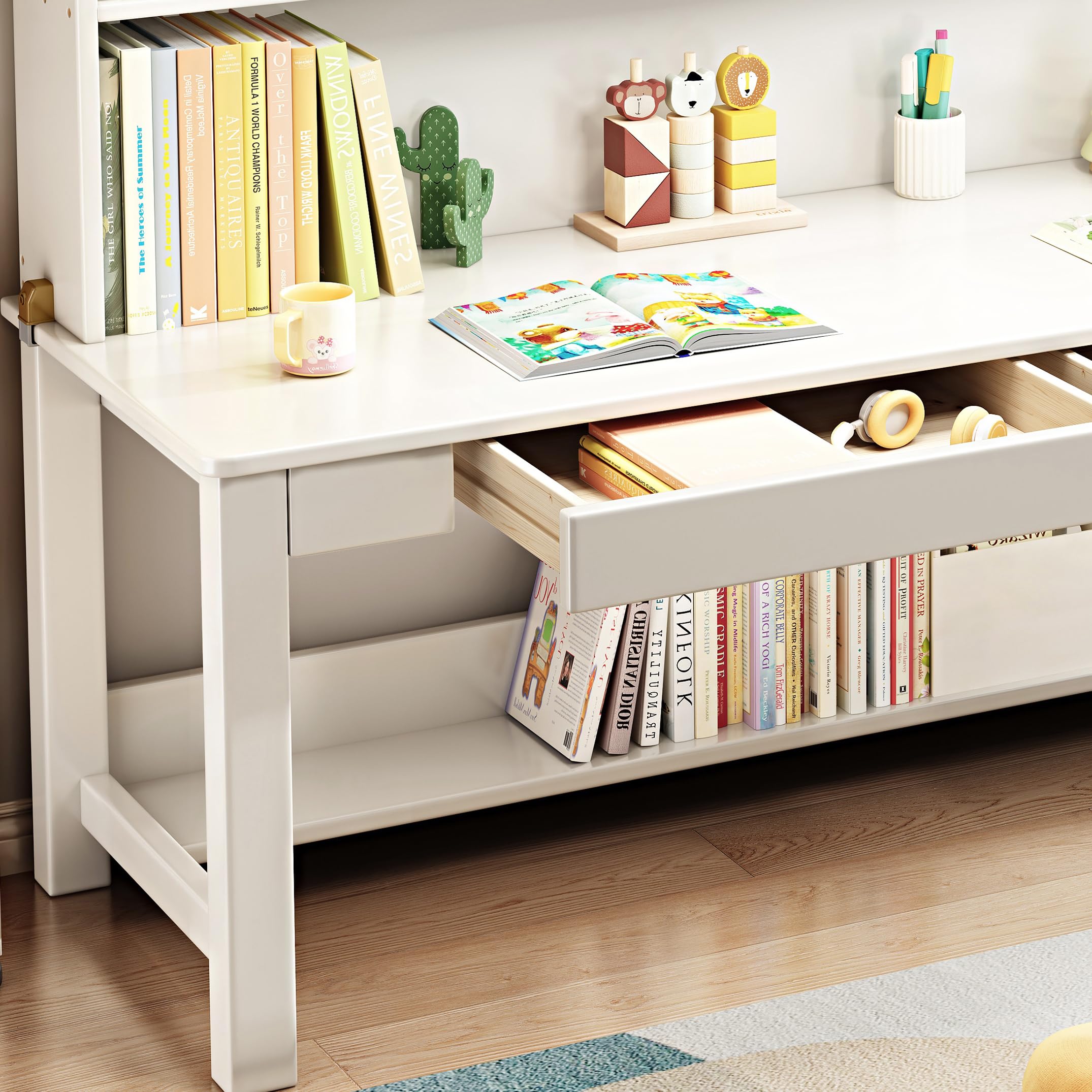 Kids Wooden Study Desk with Hutch - Adjustable Height Solid Wood Children's Table for Homework & Crafts - Perfect for Home Office, Classroom & Playroom (White)