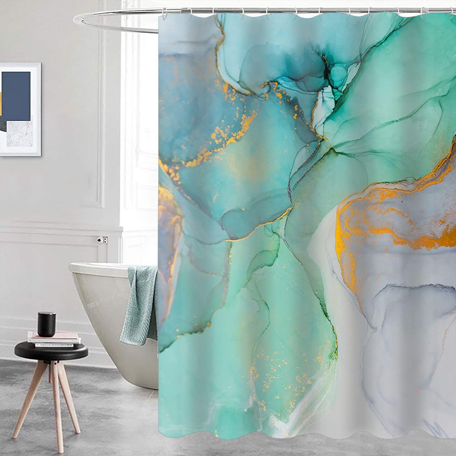 Domoku Green Gold Marble Shower Curtain - Waterproof Modern Abstract Bathroom Decor with Cracked Lines Design, 72x72 Inches, Washable Fabric - Perfect for Spa-Style Bathrooms & Luxury Home Decor