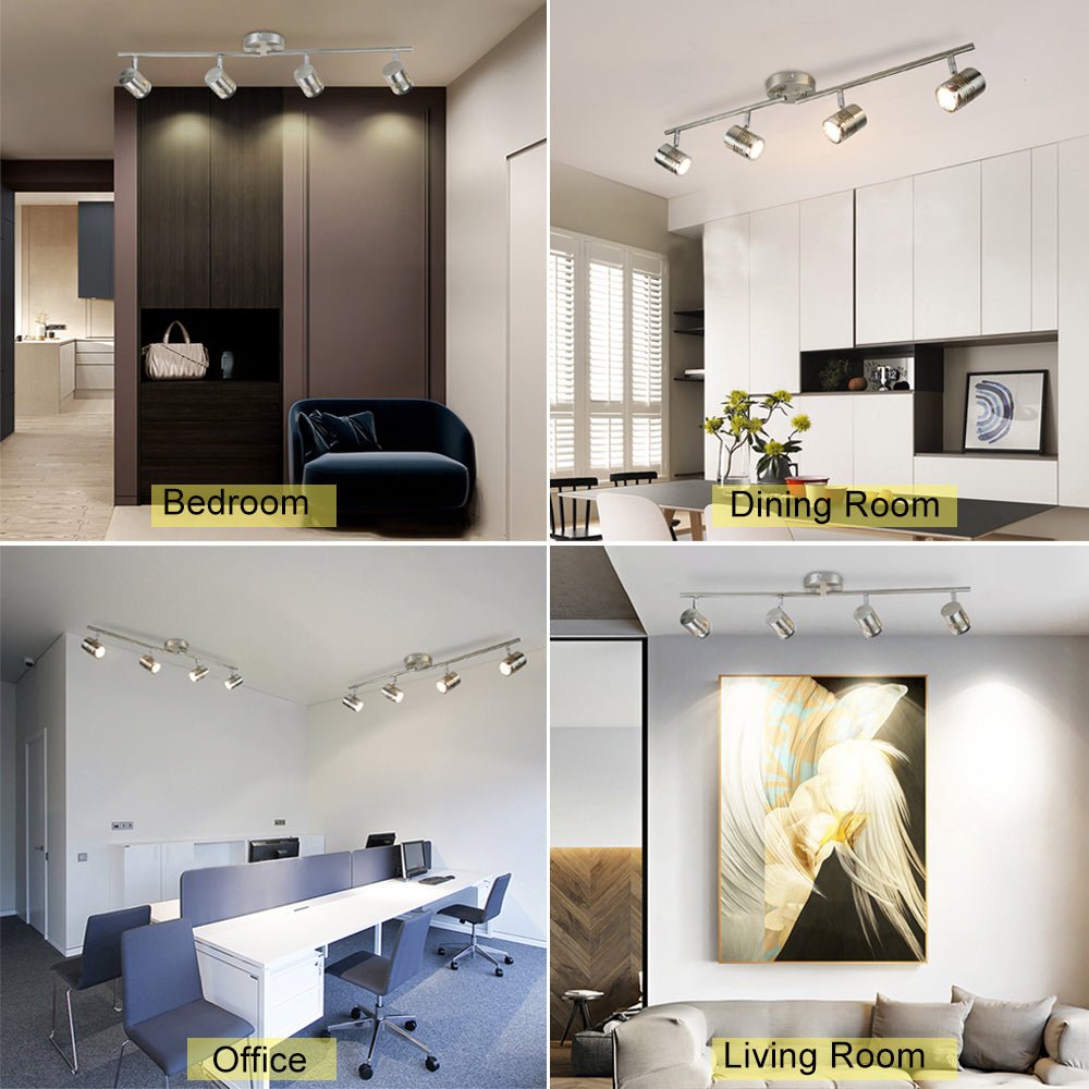 DLLT LED Track Lighting Kit - 4 Pack Flush Mount Ceiling Spot Lights with GU10 Base & Warm White Bulbs Included - Perfect for Kitchen, Dining Room, Bedroom, Hallway Lighting - Modern Home & Commercial Interior Design Solution