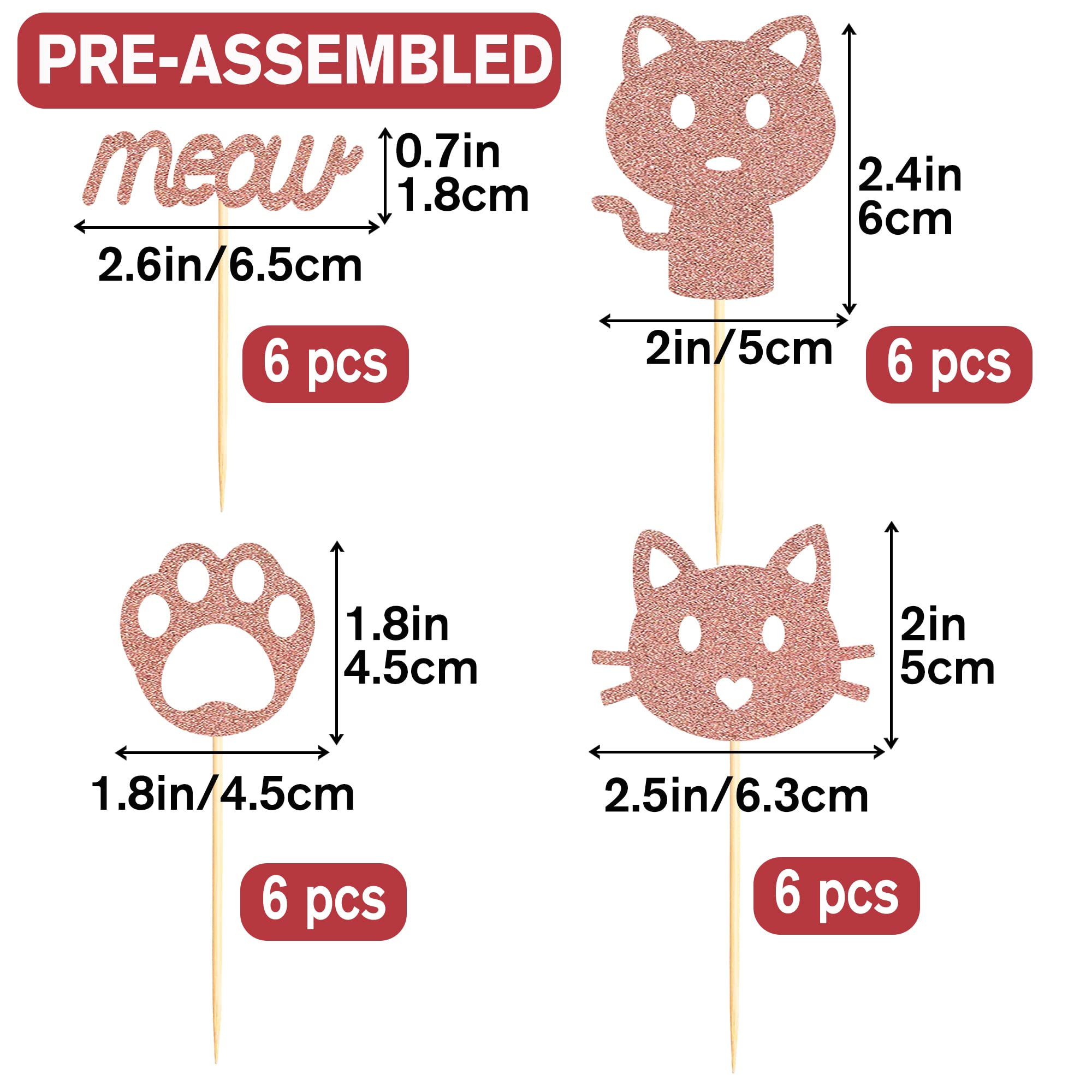 24-Piece Rose Gold Glitter Cat Face Cupcake Toppers - Cute Kitten Themed Decorations for Baby Showers, Kids Birthday Parties & Cat Lover Celebrations - Perfect for Dessert Tables, Cupcake Displays & DIY Baking Projects