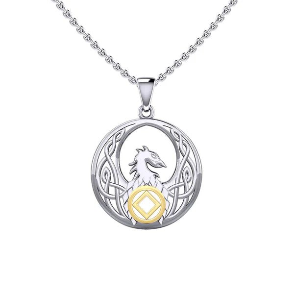 Celtic Phoenix Recovery Pendant - Sterling Silver with 14K Gold Accent - AA or NA Symbol - Adjustable 18