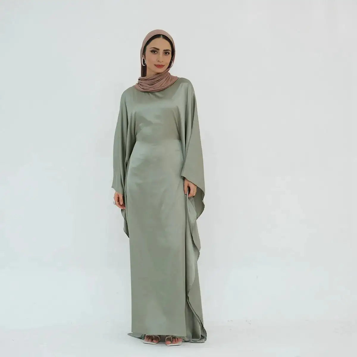 Gleam Satin Batwing Sleeve Women's Farasha Abaya Dress - Elegant Islamic Modest Dress for Prayer, Wedding & Special Occasions