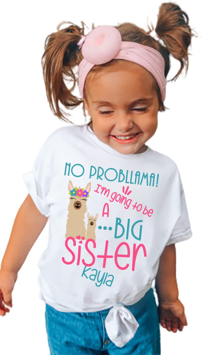 Personalized Big Sister Shirt for Girls - Cute Llama Design Pregnancy Announcement T-Shirt - Perfect for Gender Reveal & Sibling Photo Shoots