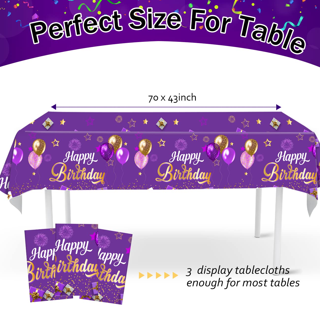 3-Pack Purple & Gold Happy Birthday Tablecloths - 43x70 Inch Disposable Plastic Rectangular Table Covers for Girls & Women | Birthday Party Decorations, Supplies | Perfect for Indoor/Outdoor Celebrations, Baby Showers & Special Events