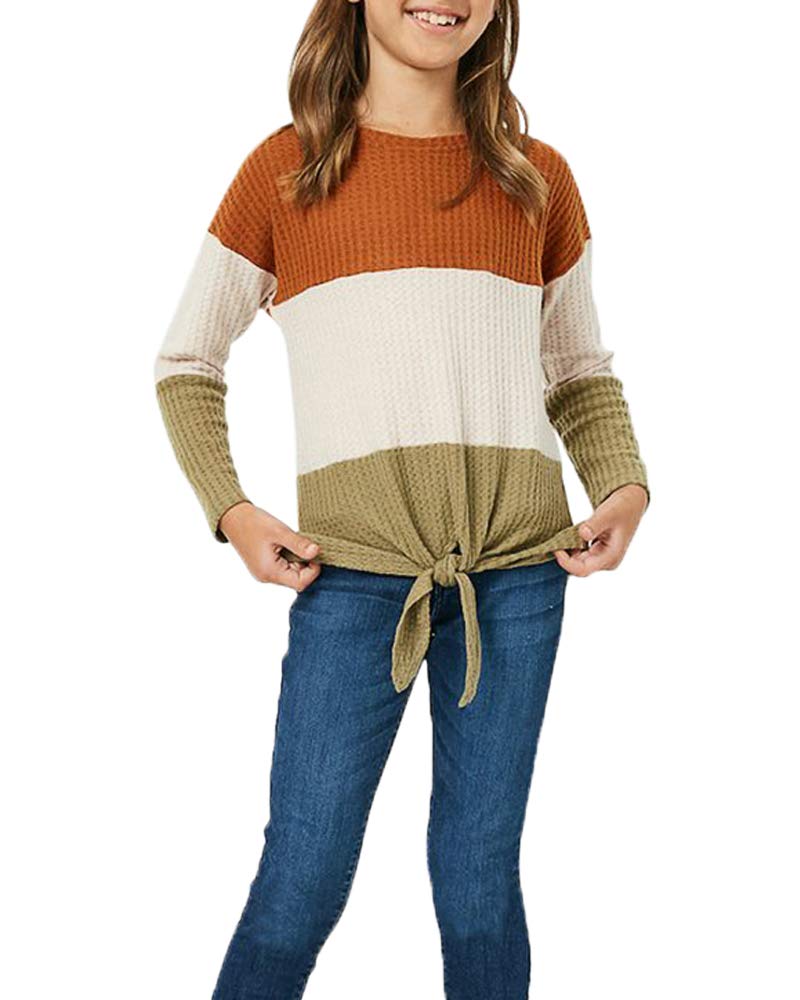 Girls Waffle Knit Colorblock Tie Front Long Sleeve T-Shirt Tunic Top - Casual Comfort Wear for School, Playdates & Everyday Outfits