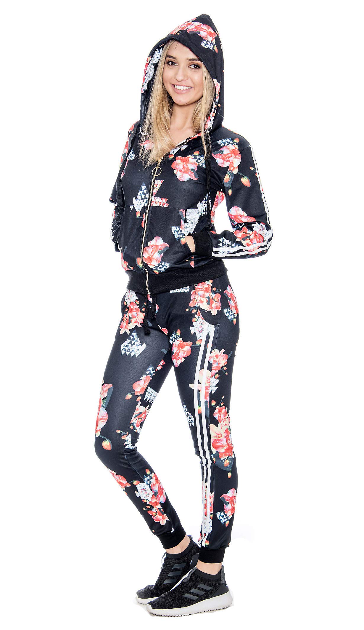 9 Crowns Junior's Orchid Geo Print Hoodie Jacket & Pants Tracksuit Set for Girls - Stylish Casual Outfit for School, Sports & Everyday Wear