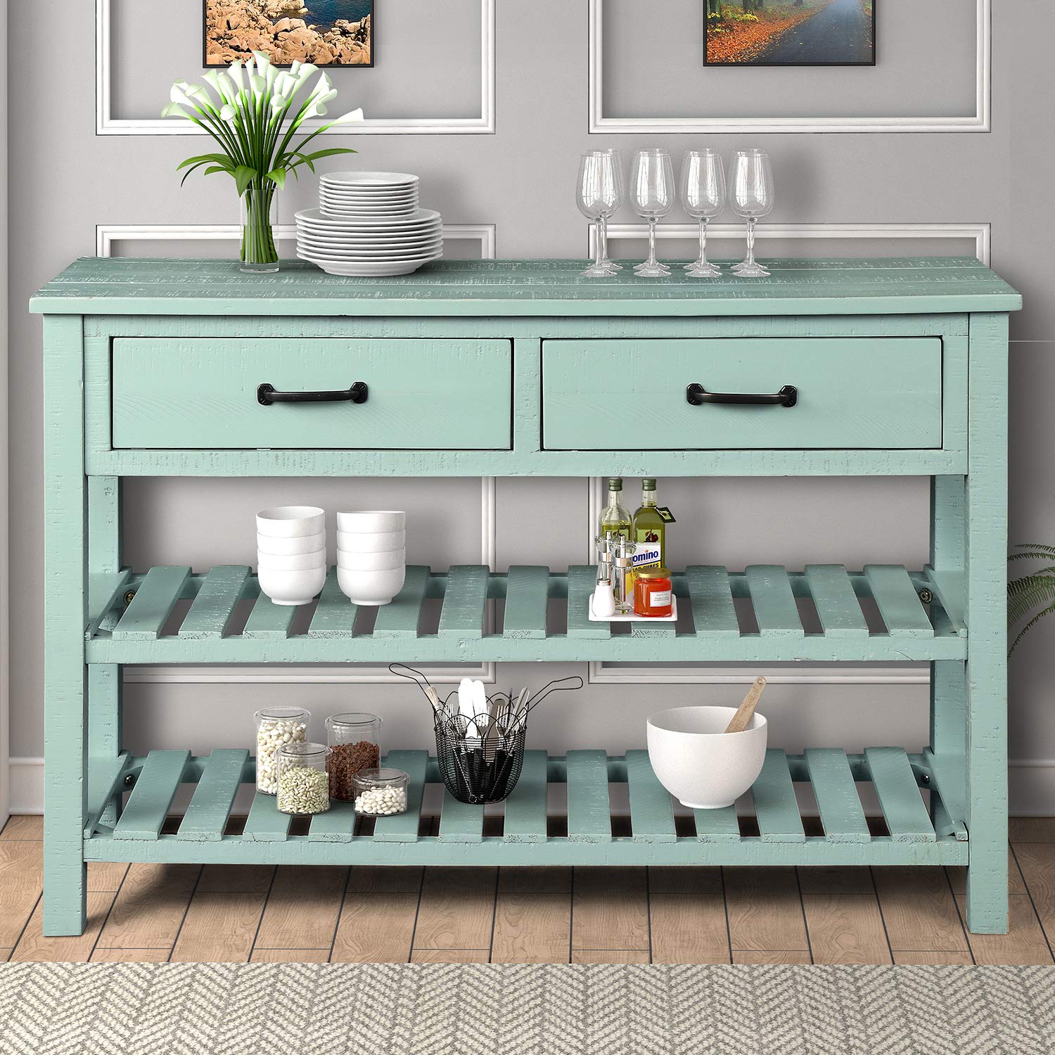 MERITLINE Wooden Side Table with 2 Drawers & 2-Tier Shelf - Entryway Console Table, Sofa Table with Storage for Living Room, Bedroom, Hallway Organization