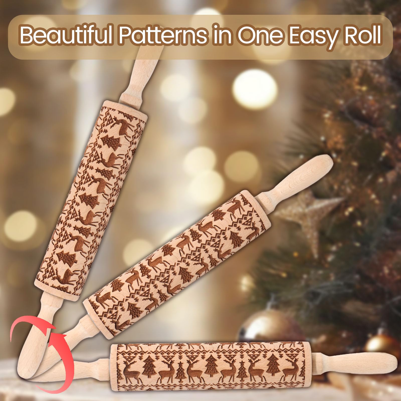 Christmas Embossed Rolling Pin for Baking Cookies - Wooden Engraved Springerle Roller with Reindeer & Tree Design - Perfect for Holiday Cookies, Clay Pottery, and DIY Ceramic Crafts - Great Gift for Bakers and Women