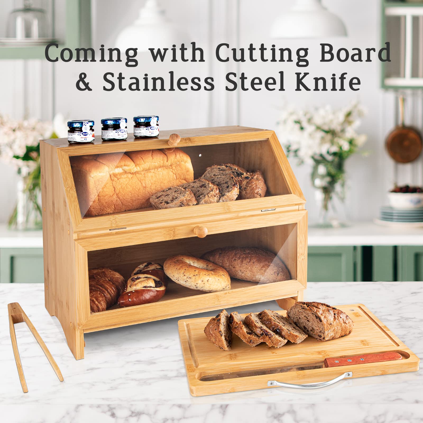 Double Layer Bamboo Bread Box with Clear Window - Large Capacity Kitchen Storage Container for Countertop, Includes Cutting Board & Stainless Steel Bread Knife (Self-Assembly) - Perfect for Bread Storage, Meal Prep & Organized Kitchen Counter