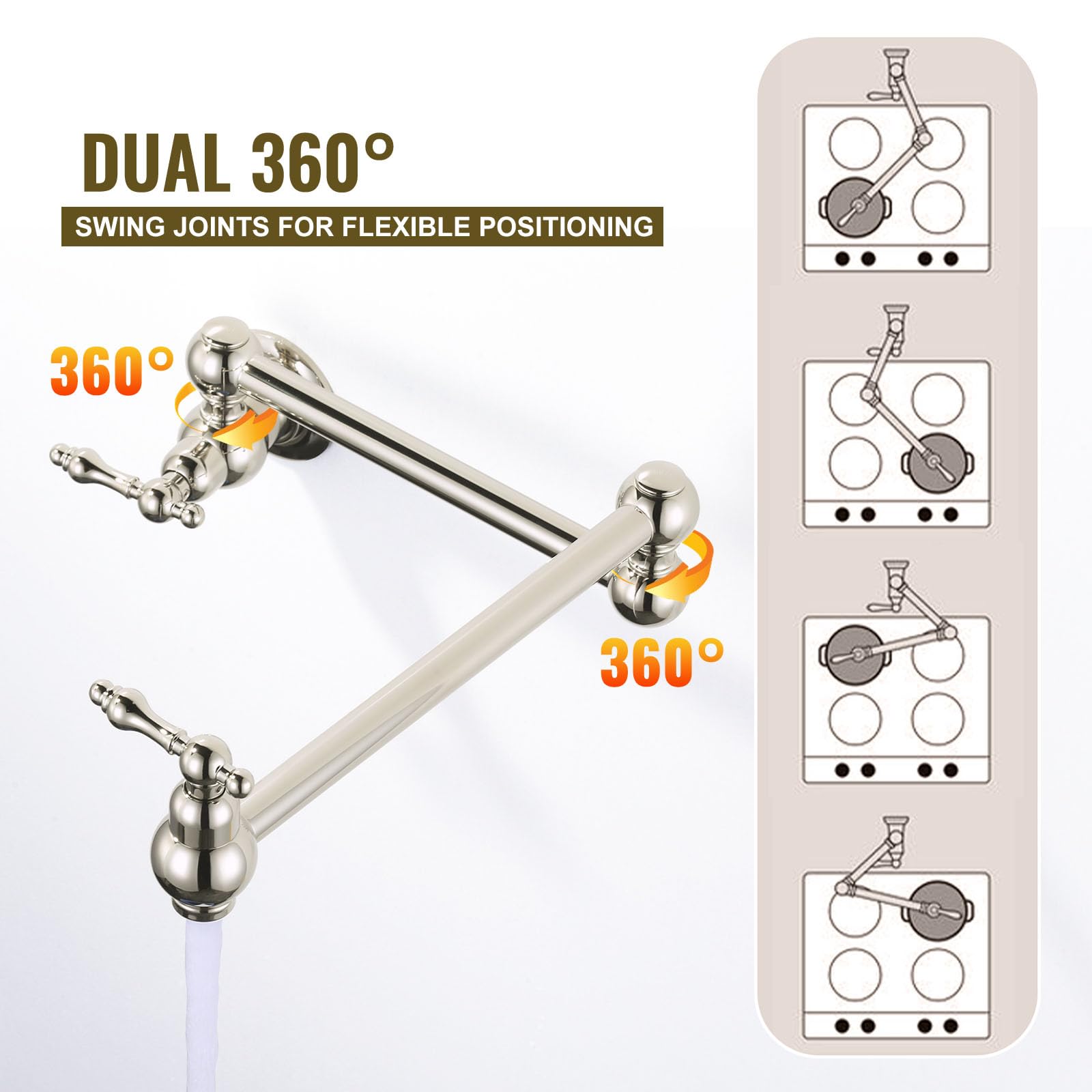 Premium Polished Nickel Pot Filler Faucet - Wall Mount Brass Kitchen Faucet with Double Joint Swing Arms for Stove - Ideal for Cooking, Filling Large Pots & Pasta Making