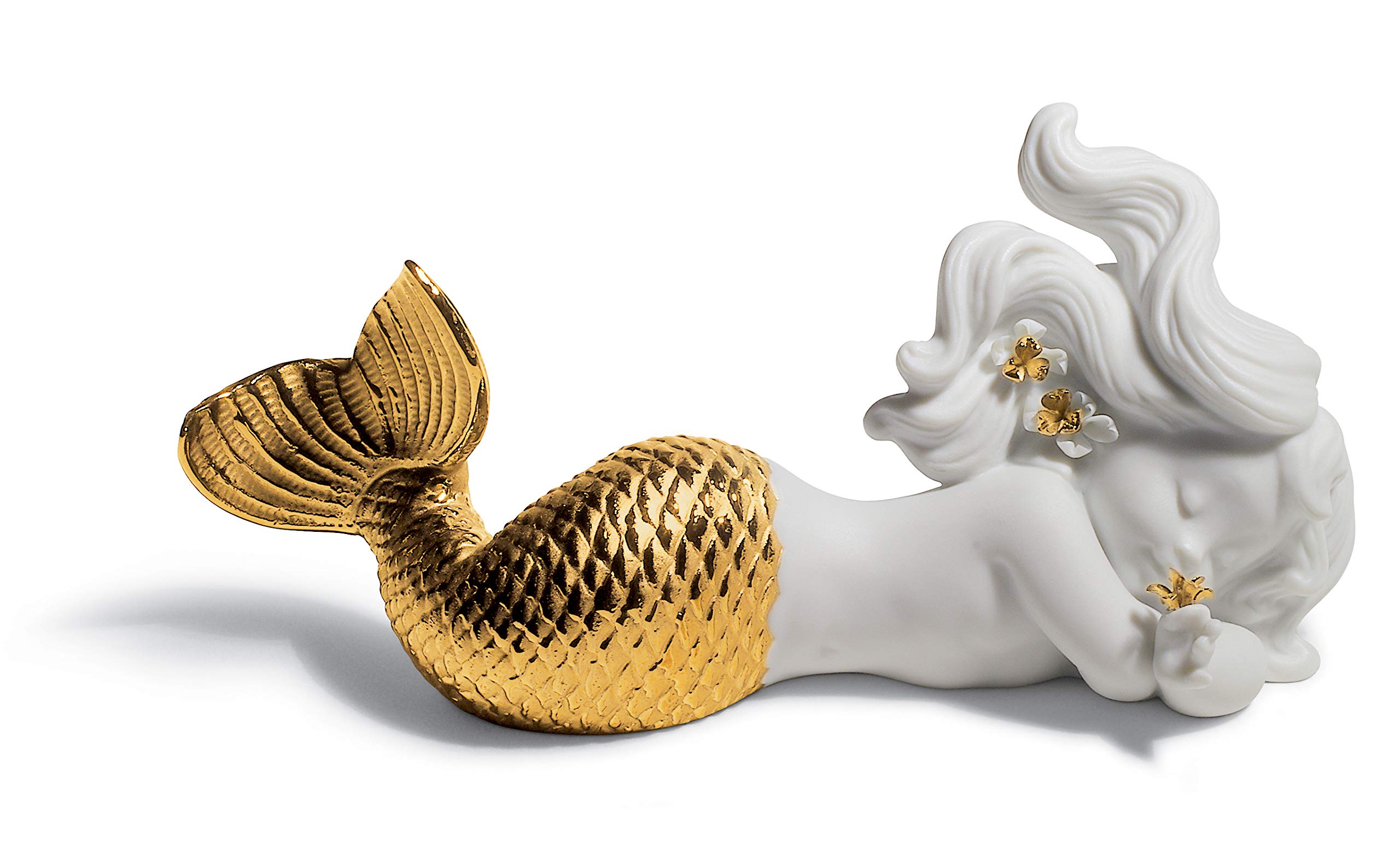 LLADRÓ Day Dreaming at Sea Mermaid Figurine - Golden Lustre Porcelain Collectible Statue - Perfect for Home Decor, Gift & Ocean Theme Collections