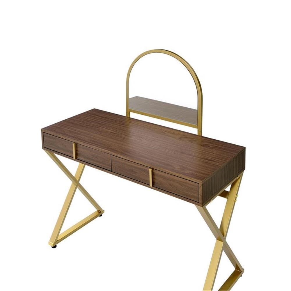 Acme Coleen Vanity Desk in Walnut & Gold Finish - Elegant Dressing Table with Mirror for Bedroom Makeup & Skincare Routine