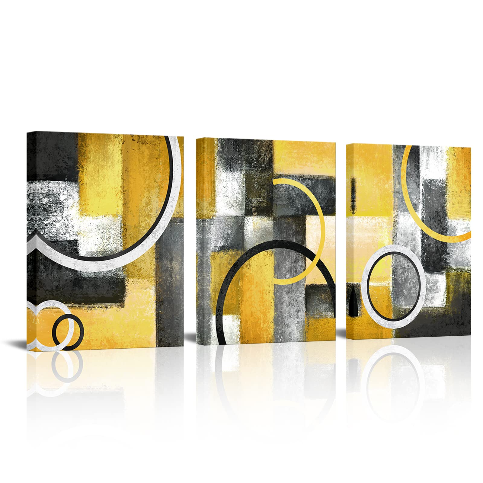 Abstract Geometric Circle Canvas Wall Art - Yellow & Grey for Living Room & Bedroom Decor