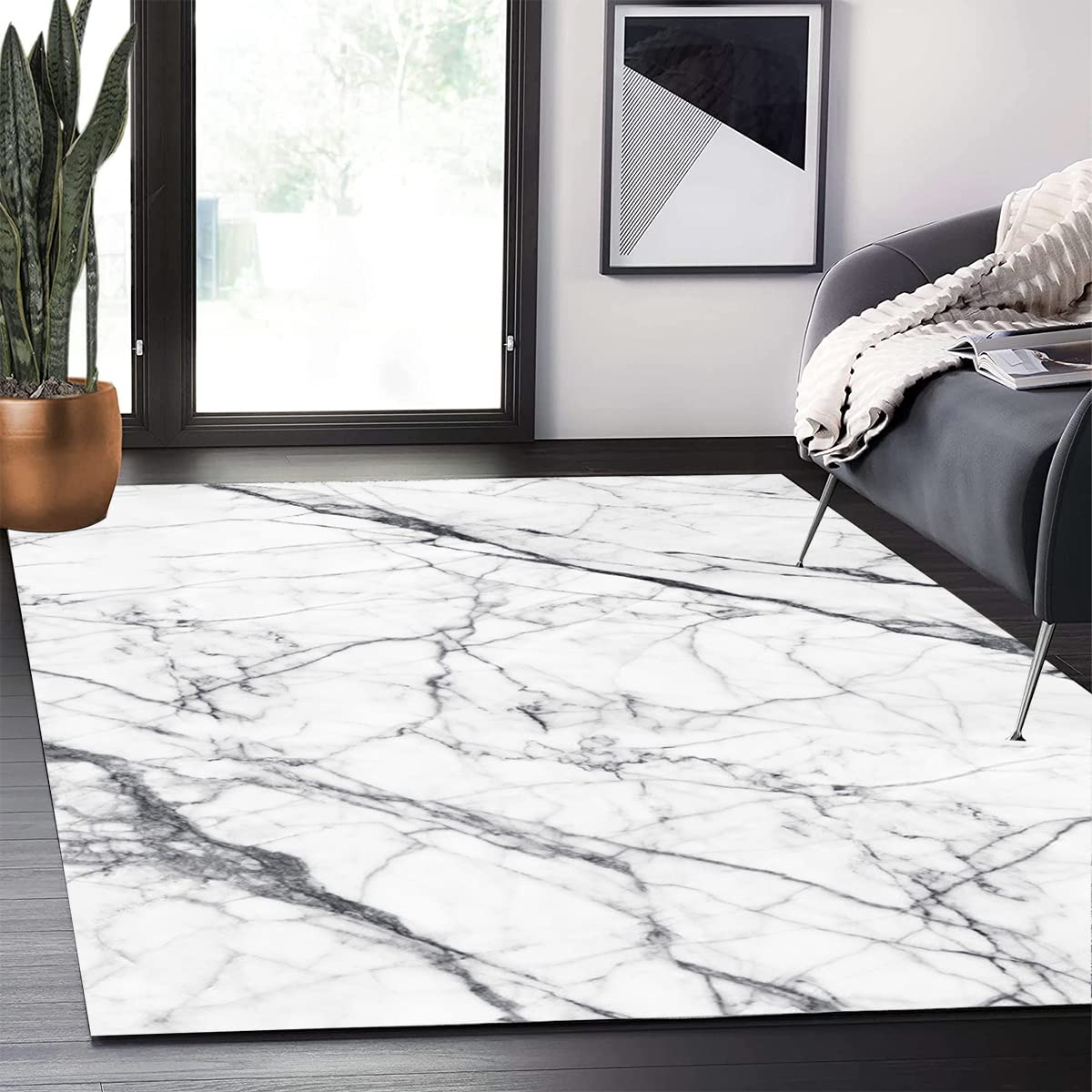 Modern Vintage Distressed Abstract Area Rug 6x8 ft - White Grey Marble Pattern Washable Non-Slip Carpet for Living Room, Bedroom, Dining Table, Kitchen, Laundry, Home Office | Indoor Runner Rug for Cozy Home Decor