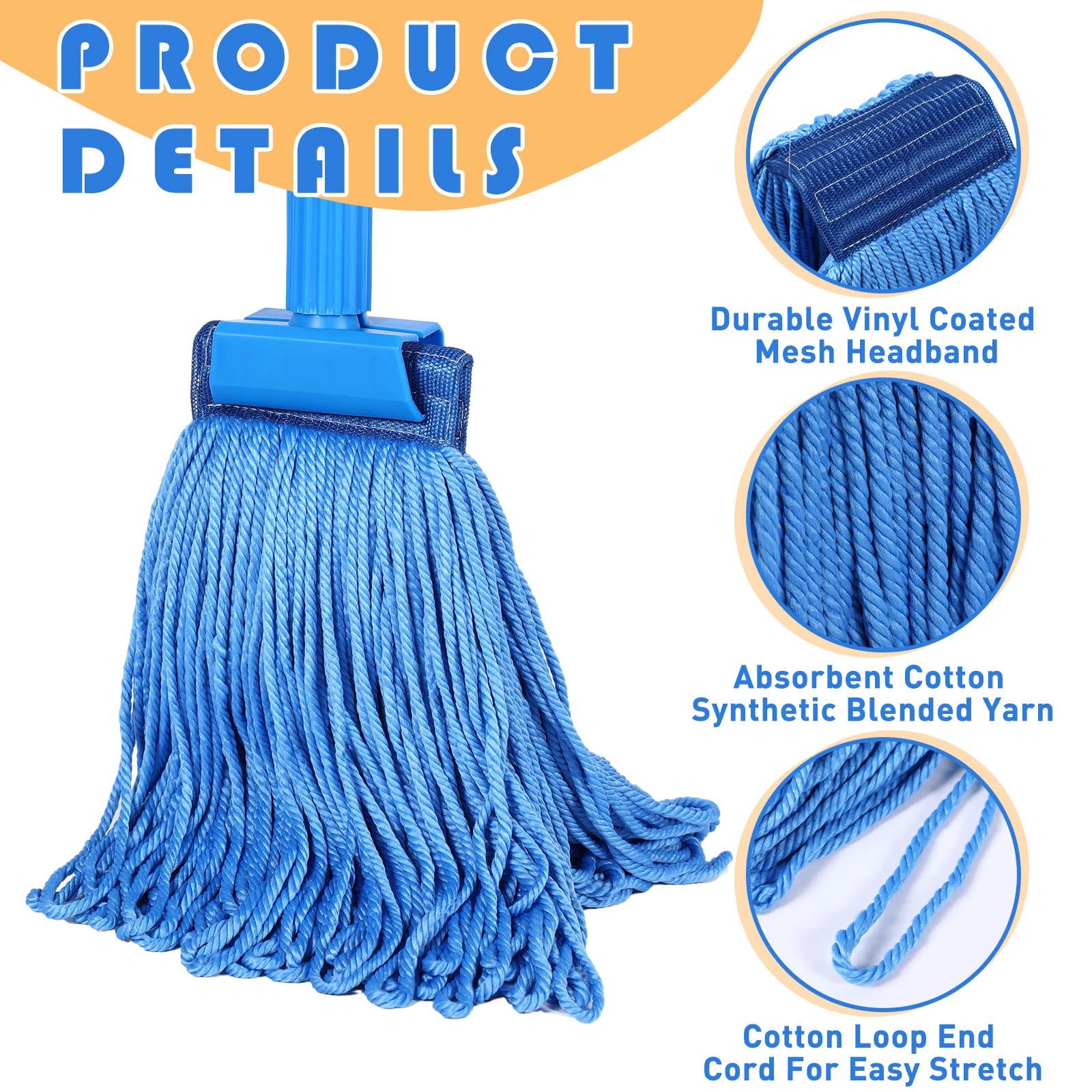 6-Pack Heavy Duty 16oz Blue Cotton Mop Heads - Commercial Floor Cleaning Refills