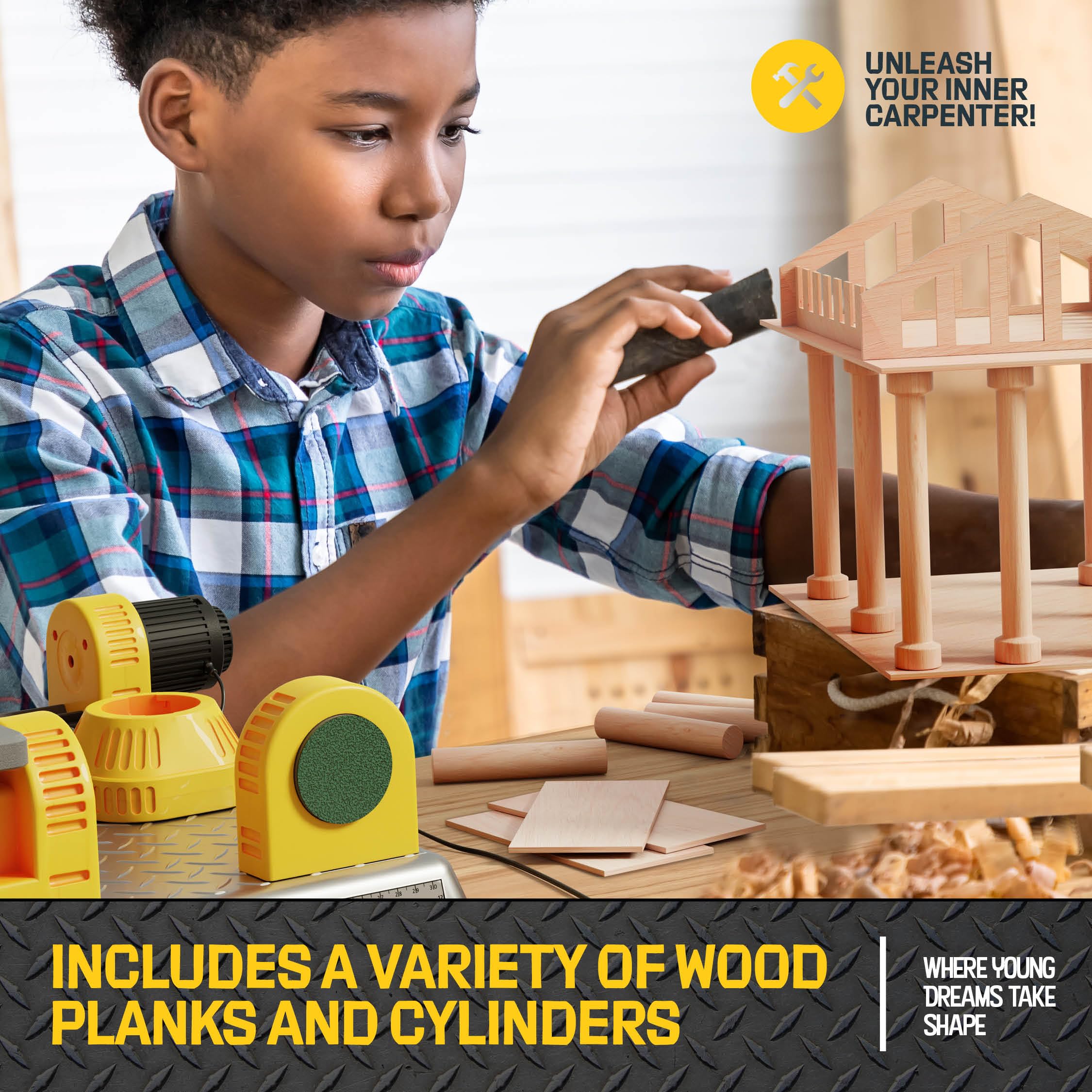 4 in 1 Woodworking Station for Kids - STEM Wood Building Kit with Real Construction Tools - Educational DIY Project Set for Boys & Girls Age 8+ - Perfect Birthday, Easter & Holiday Gift for Young Builders | Great for Home Projects, STEM Learning & Creative Play