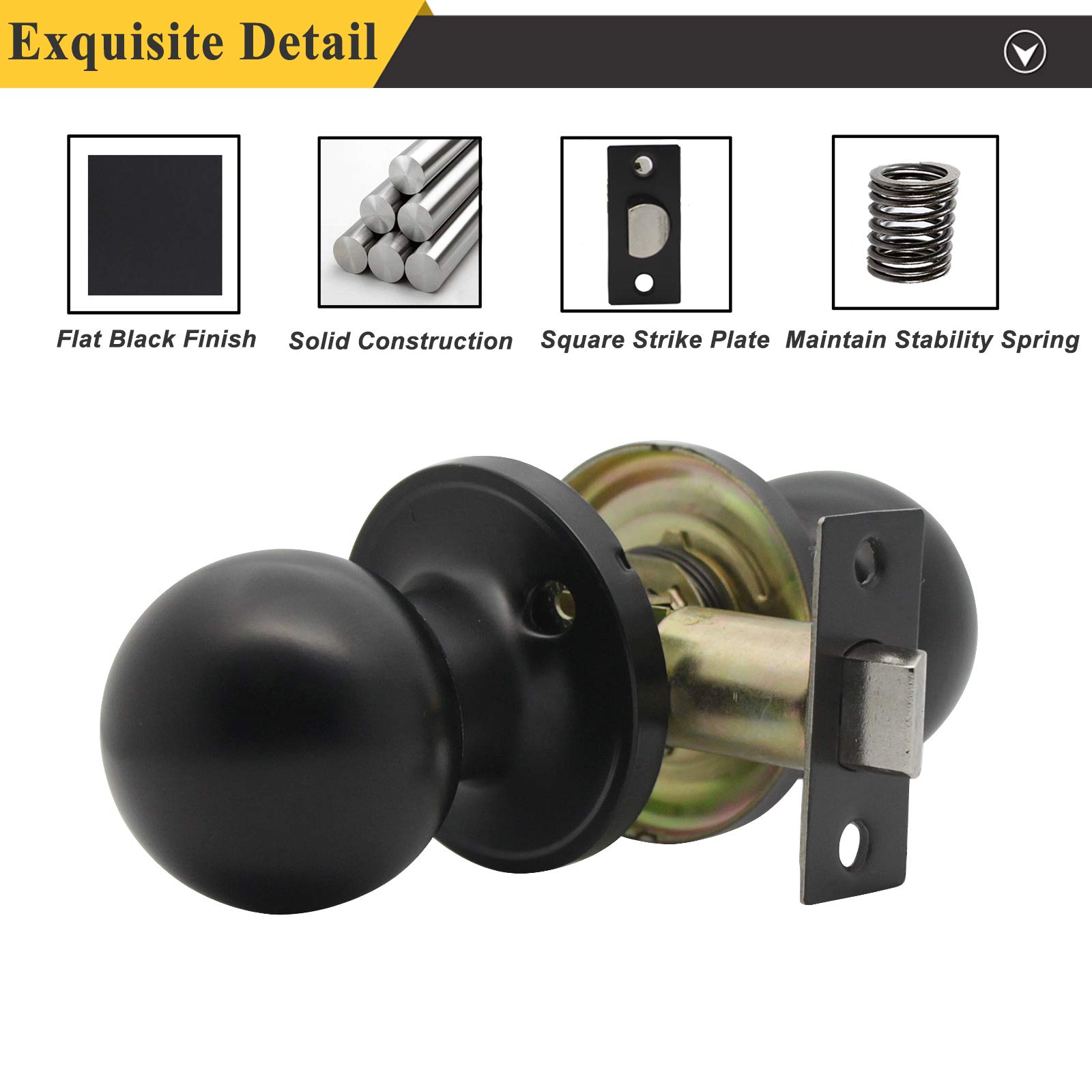 Probrico Black Round Ball Passage Door Knob - Keyless Non-Locking Interior Door Handle for Hallway & Closet (1 Pack) - Perfect for Bedrooms, Bathrooms & Interior Doors