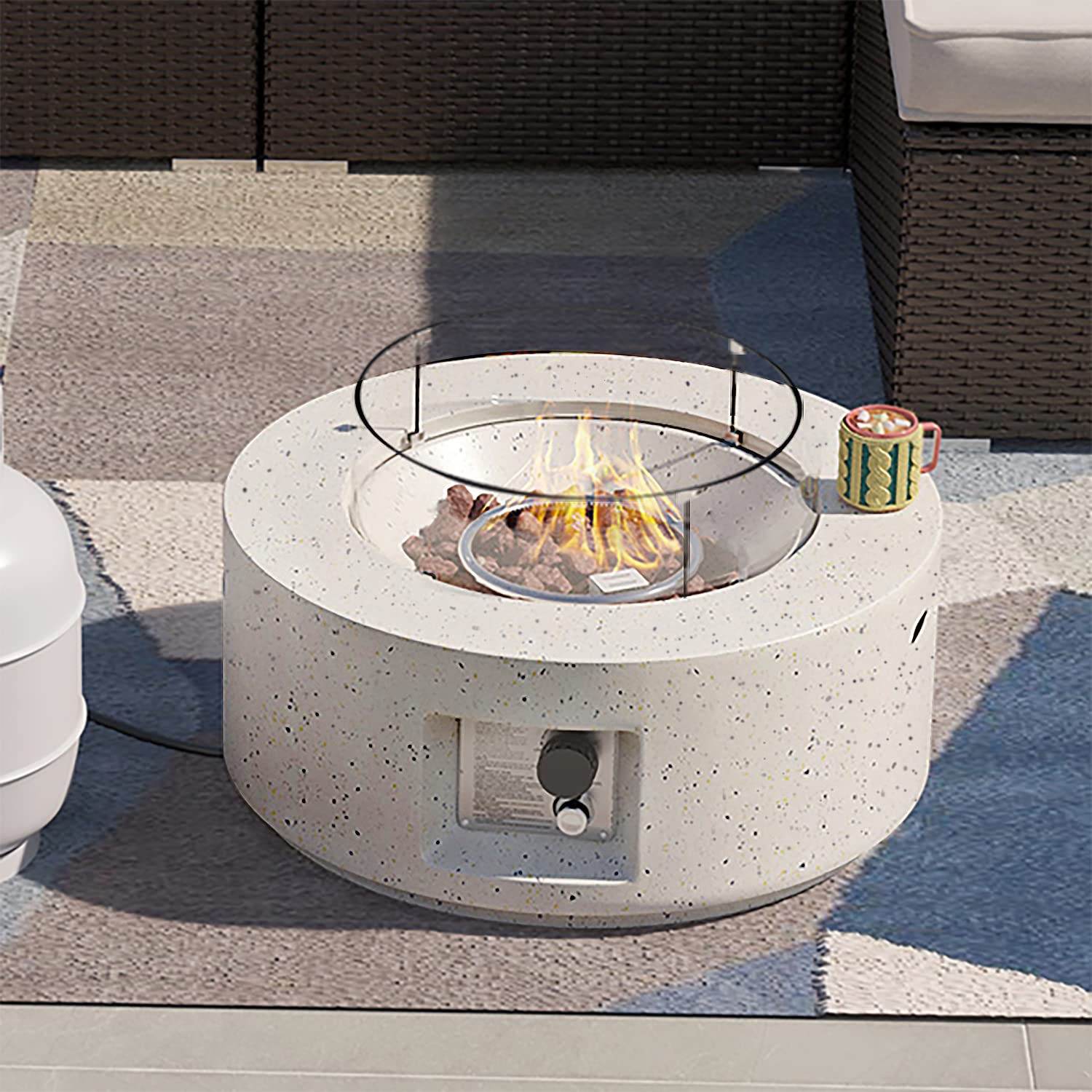 **SUNBURY 28-Inch Round Outdoor Propane Fire Pit Table with Glass Wind Guard - 40,000 BTU Spotted White Patio Gas Fire Table, Includes Waterproof Cover & Lava Rocks - Perfect for Backyard, Deck, or Garden Gatherings**