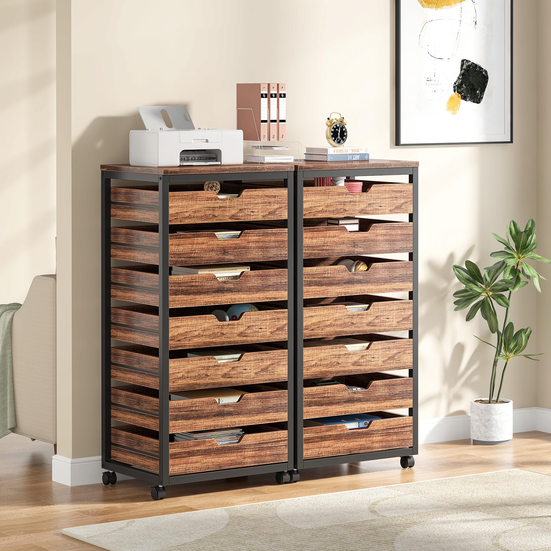 Tribesigns 7-Drawer Wooden File Cabinet with Wheels - Mobile Storage Drawer Unit for Office & Home, Industrial Rolling Printer Stand, Rustic Brown - Perfect for Home Office Organization & Document Storage