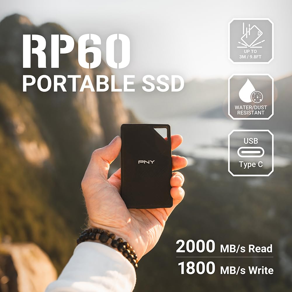 PNY RP60 1TB Portable SSD - Ultra Fast 2000MB/s USB-C 3.2 Gen2x2 External Solid State Drive - IP65 Waterproof Dustproof Shockproof - Perfect for 4K Video Editing, Gaming, Photography & Data Backup
