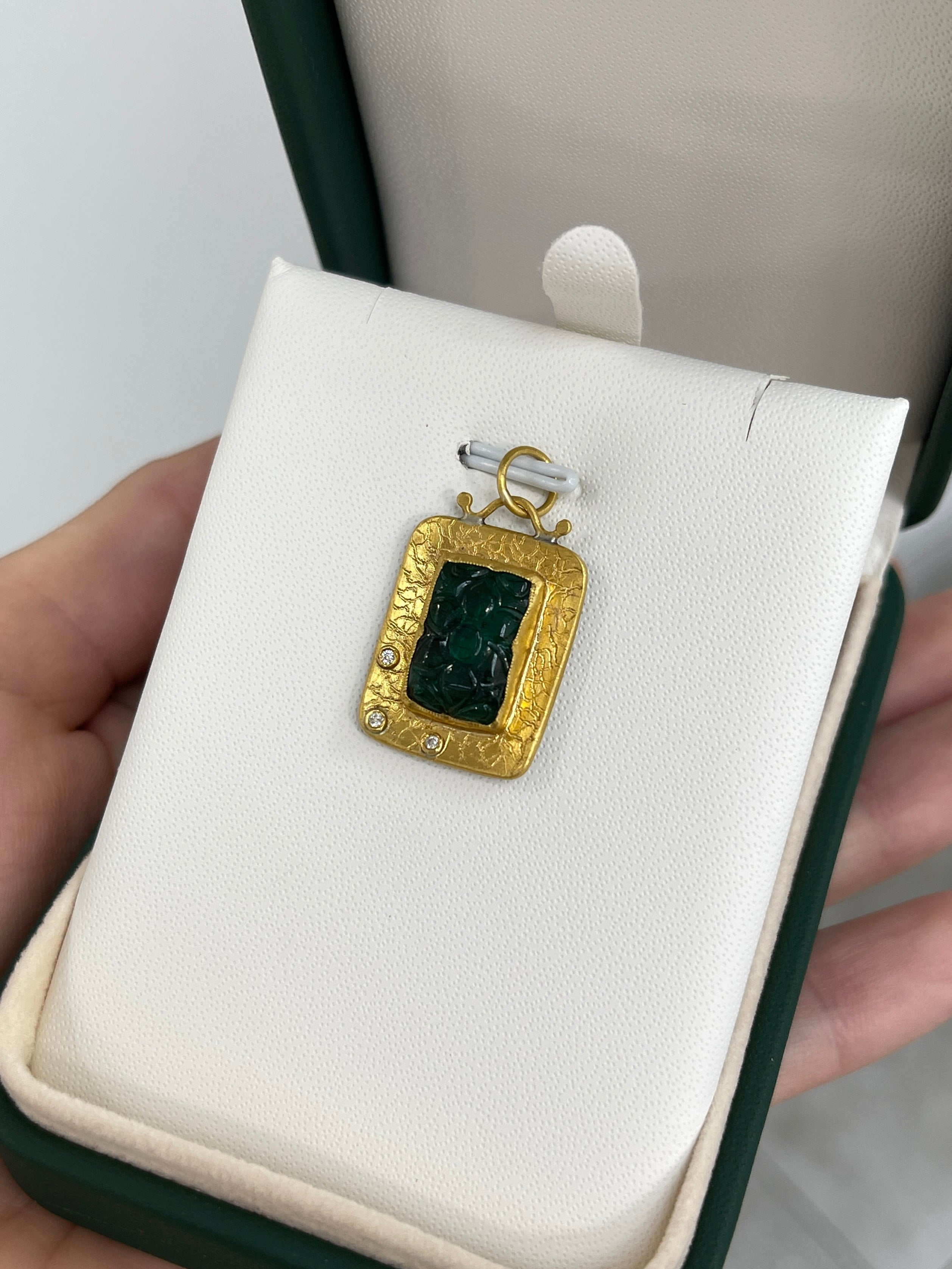 6.35 Carat Floral Hand-Carved Emerald & Diamond 24K Gold Pendant Necklace for Women | Elegant Jewelry Gift for Anniversary, Wedding & Special Occasions