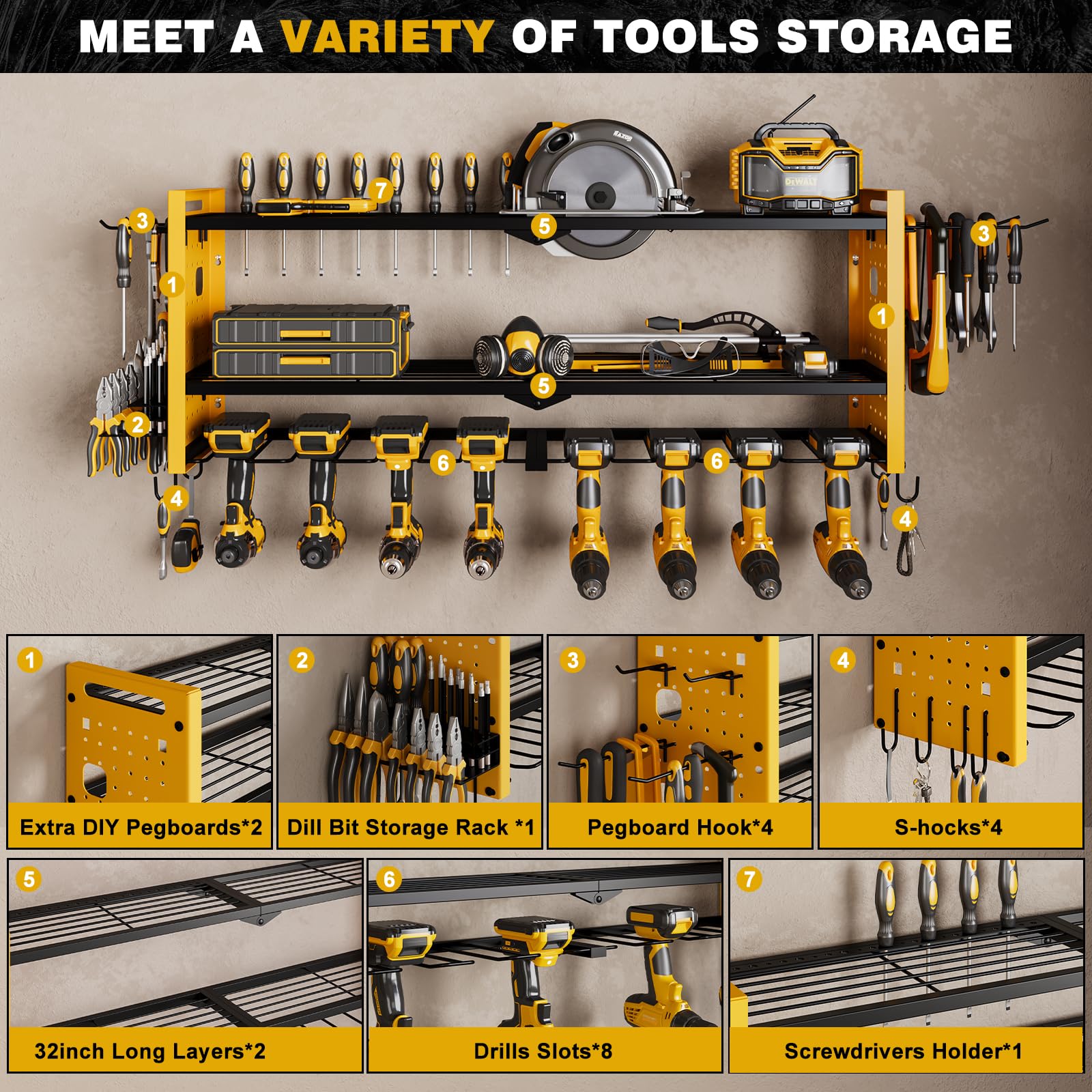 Heavy Duty Wall Mount Power Tool Organizer - 3-Tier Cordless Drill Hanger Storage Rack with 8 Drill Holders (Yellow) | Perfect for Garage, Workshop & DIY Tool Organization