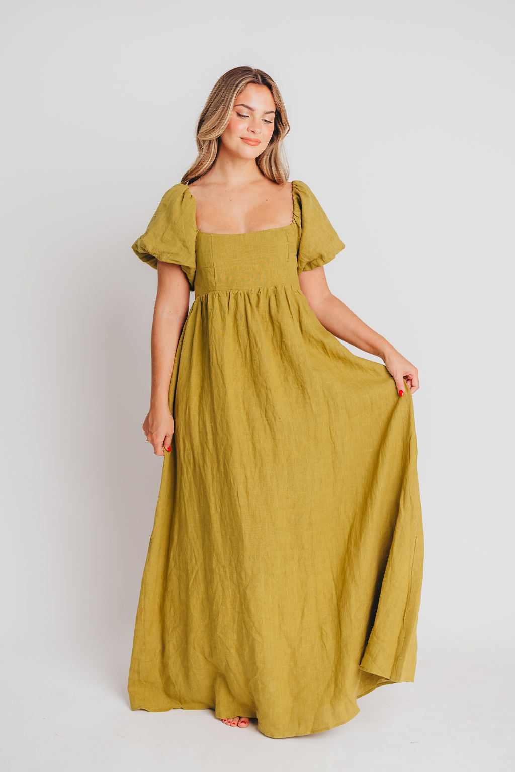 Candace Maxi Dress in Olive - 100% Linen Bump Friendly Maternity Dress for Women - Perfect for Summer, Beach, and Casual Outings