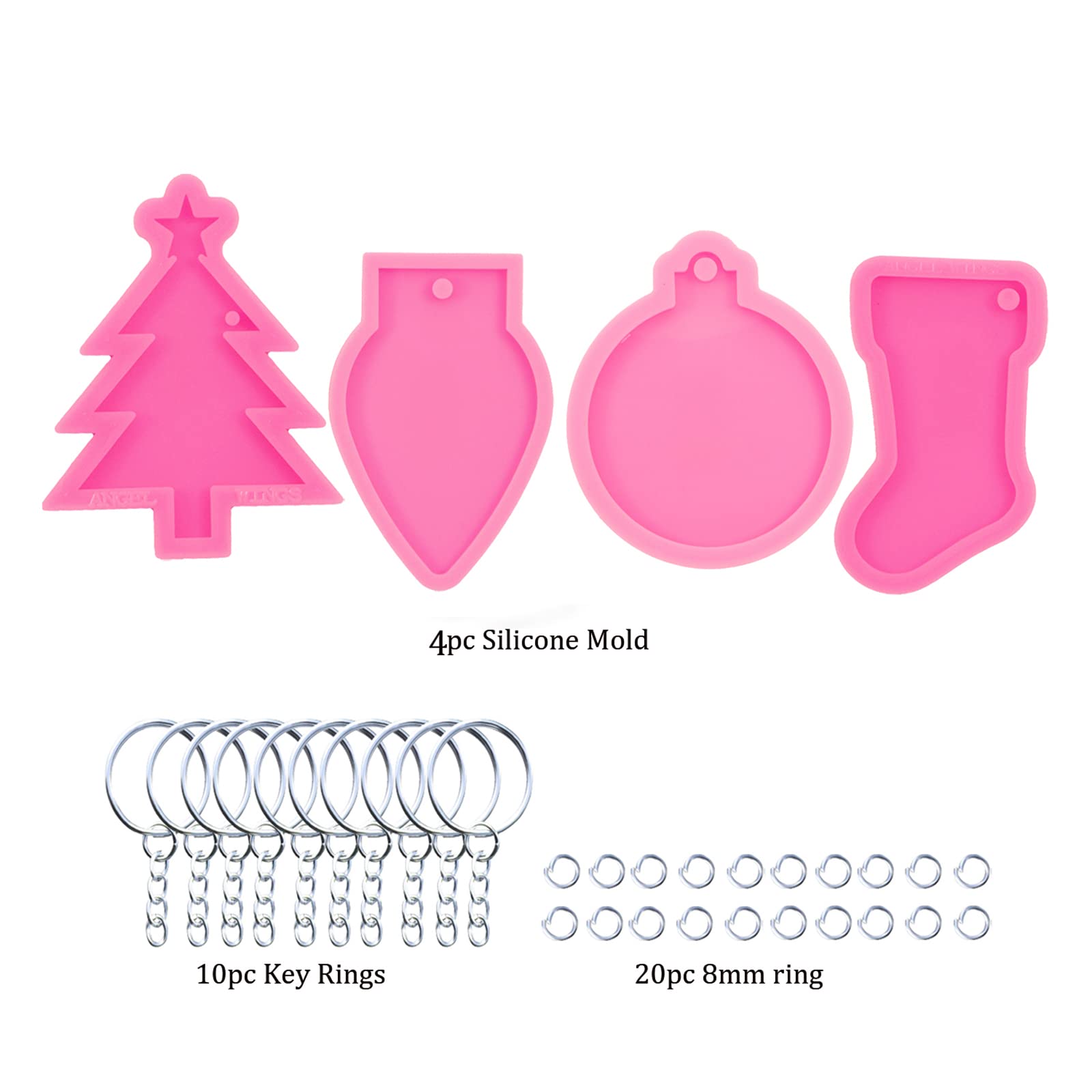 4-Piece Silicone Resin Mold Set for Christmas Tree, Socks, Lights & Blank Circle Keychain - DIY Epoxy Crafting Art with 10 Key Rings - Perfect for Holiday DIY Gifts, Jewelry Making & Resin Art Projects