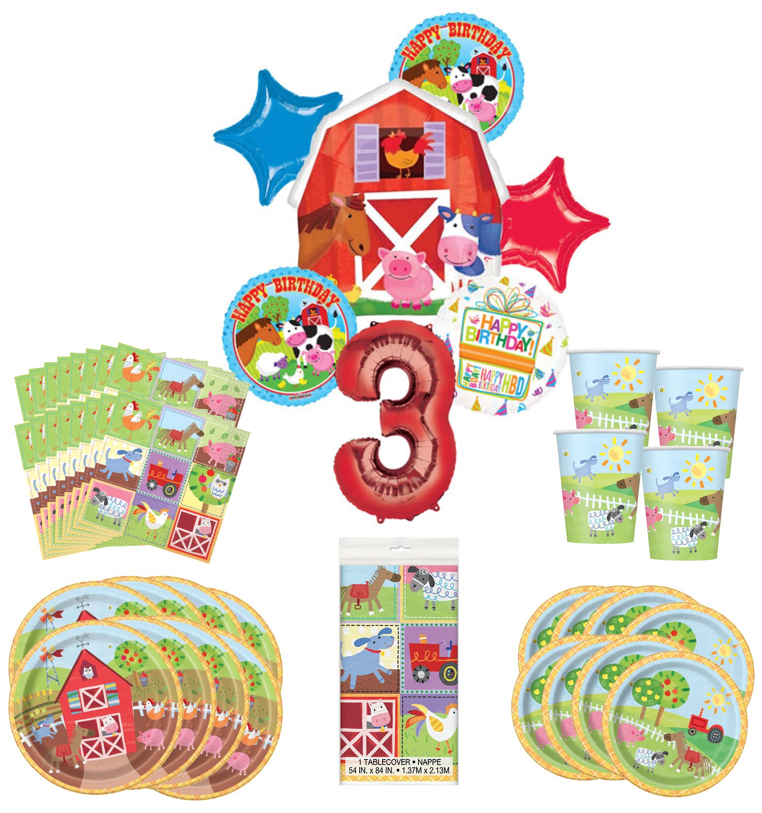 Mayflower Barnyard Farm Party Supplies - 8 Guests Balloon Bouquet Decorations for 3rd Birthday Party | Farm Animal Theme Birthday Decor, Baby Shower, Kids Celebration