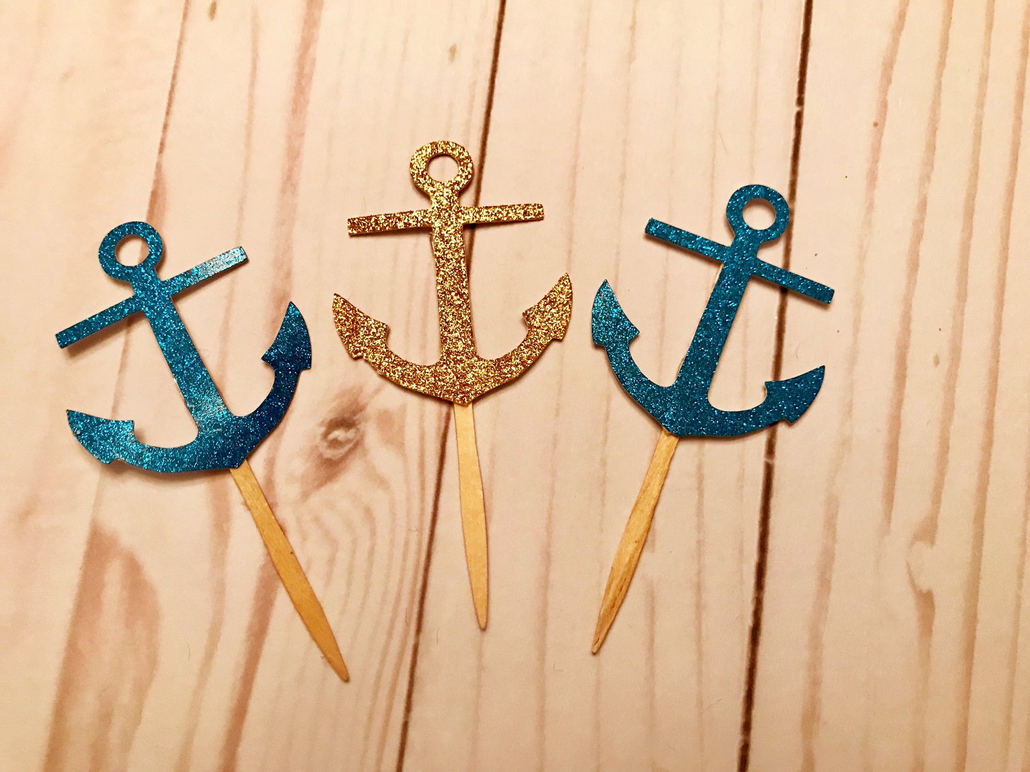 Nautical Anchor Cupcake Toppers - Glitter Baby Shower Decorations for Birthday Parties, Nautical Theme Events & Wedding Celebrations