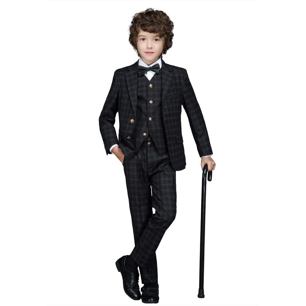 Stylish Korean Boys' Single-Breasted Checked Floral Suit - Black Formal Blazer for Kids | Perfect for Weddings, Parties & Special Occasions
