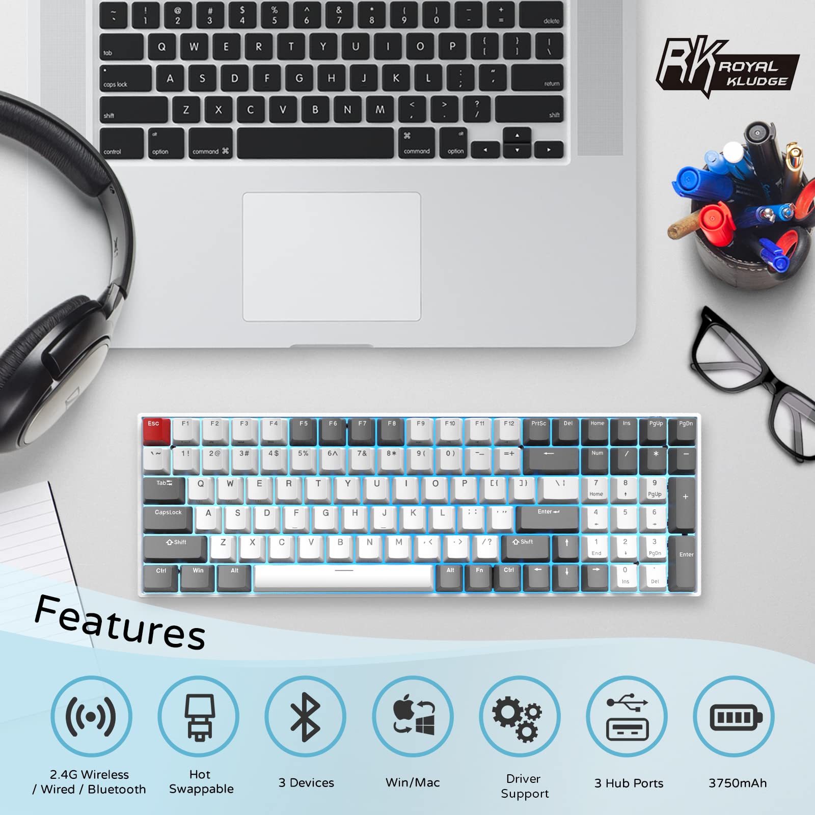 RK ROYAL KLUDGE RK100 Wireless Mechanical Keyboard - Bluetooth 5.1/2.4Ghz/USB-C Wired 100-Key Hot Swappable Gaming Keyboard with 3 USB Ports, Blue Switch for Mac & Windows (Classic Black) - Perfect for Office Work, Gaming & Programming